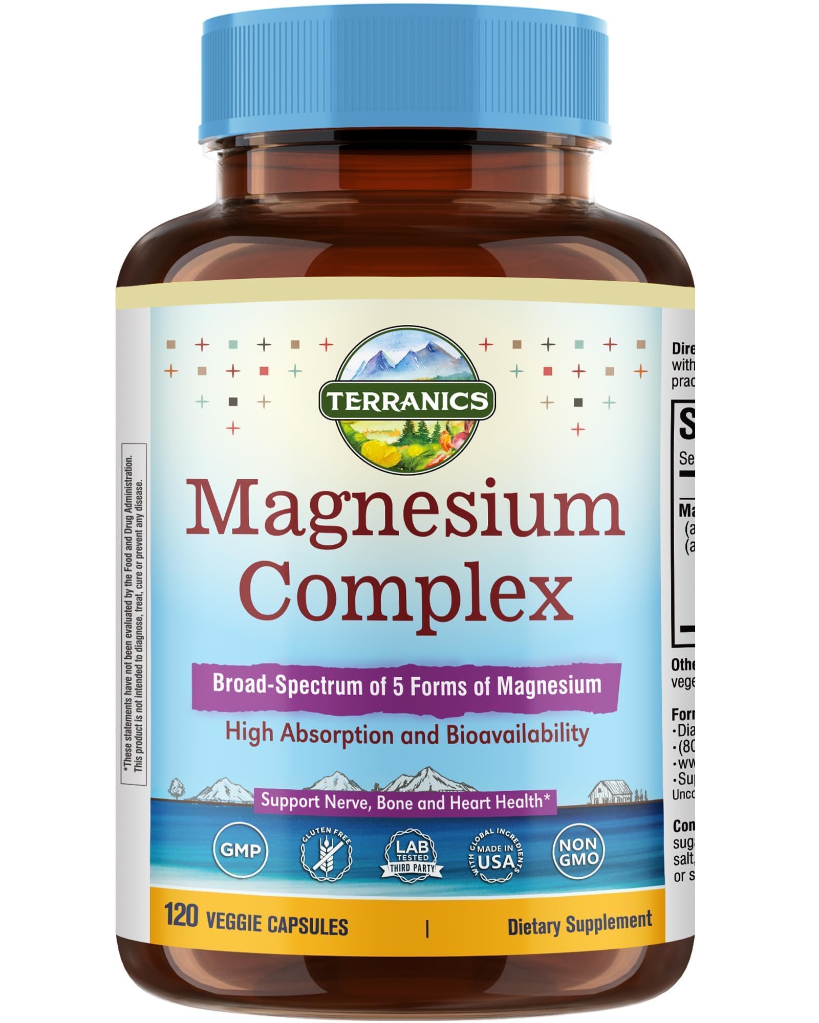 Terranics 5-in-1 Magnesium Complex Supplement 500mg - 5 Forms High Absorption Magnesium Glycinate Citrate Malate Aspartate Gluconate for Sleep Heart Health - Non-GMO 120 Vegan Capsules Terranics uk supplements
