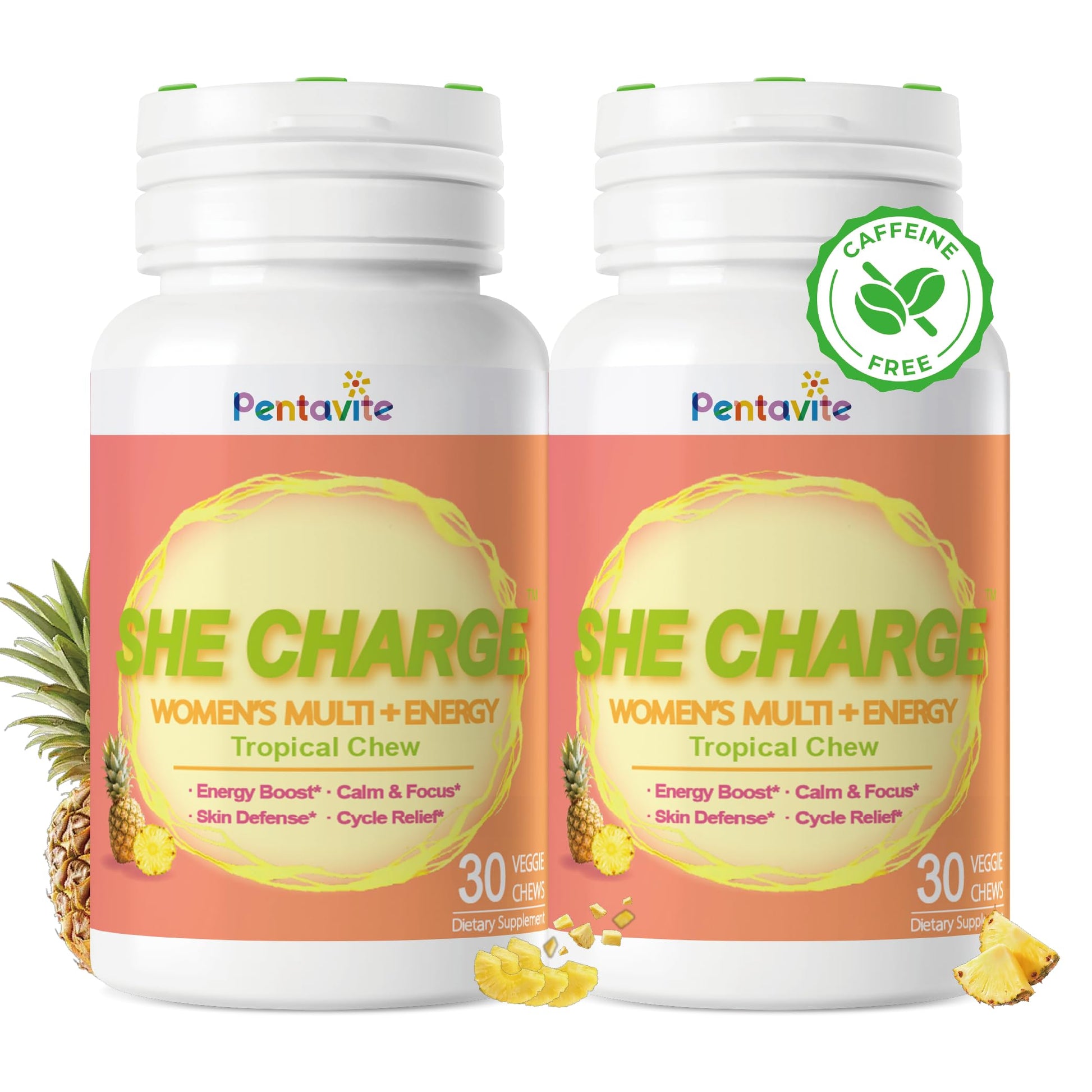 Pentavite She Charge Multivitamin for Women, Pineapple Tropical Chew, Daily Vitamin Supplements with Folate, Support Energy, Calm & Focus, Skin Defense and Cycle Pentavite uk supplements