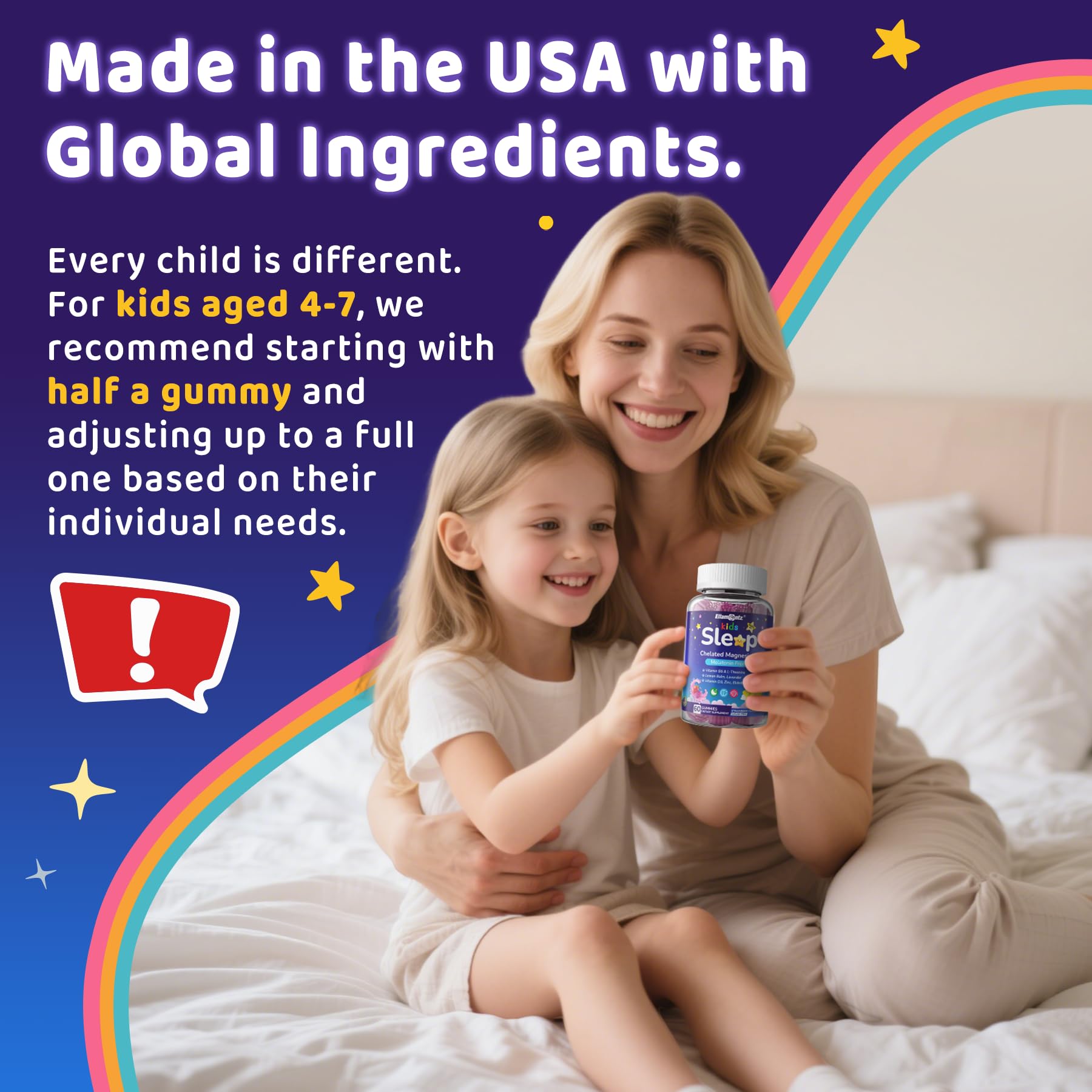 Kids Sleep Gummies, NO Melatonin Sleep Aid Gummies w/ Magnesium Glycinate, Magnesium Malate, L-Theanine, Lavender, B6, Zinc, D3K2 for Restful Sleep, Relax Brain & Muscle, Immune Support, Non-GMO 1Pack ELLAMENTZ uk supplements