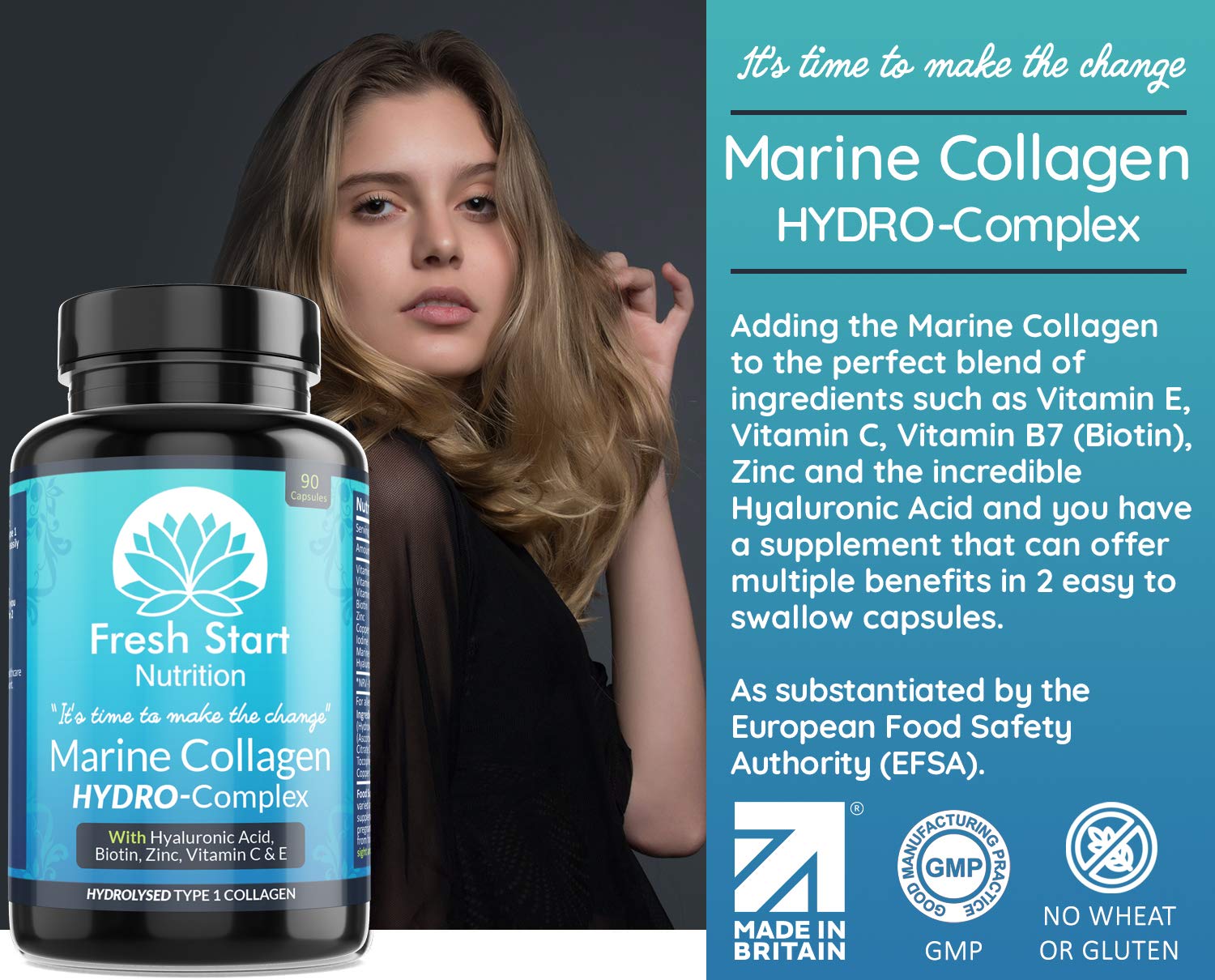 Marine Collagen Tablets 1000mg - 90 Premium Type 1 Hydrolysed Collagen Capsules with Hyaluronic Acid Fresh Start Nutrition uk supplements