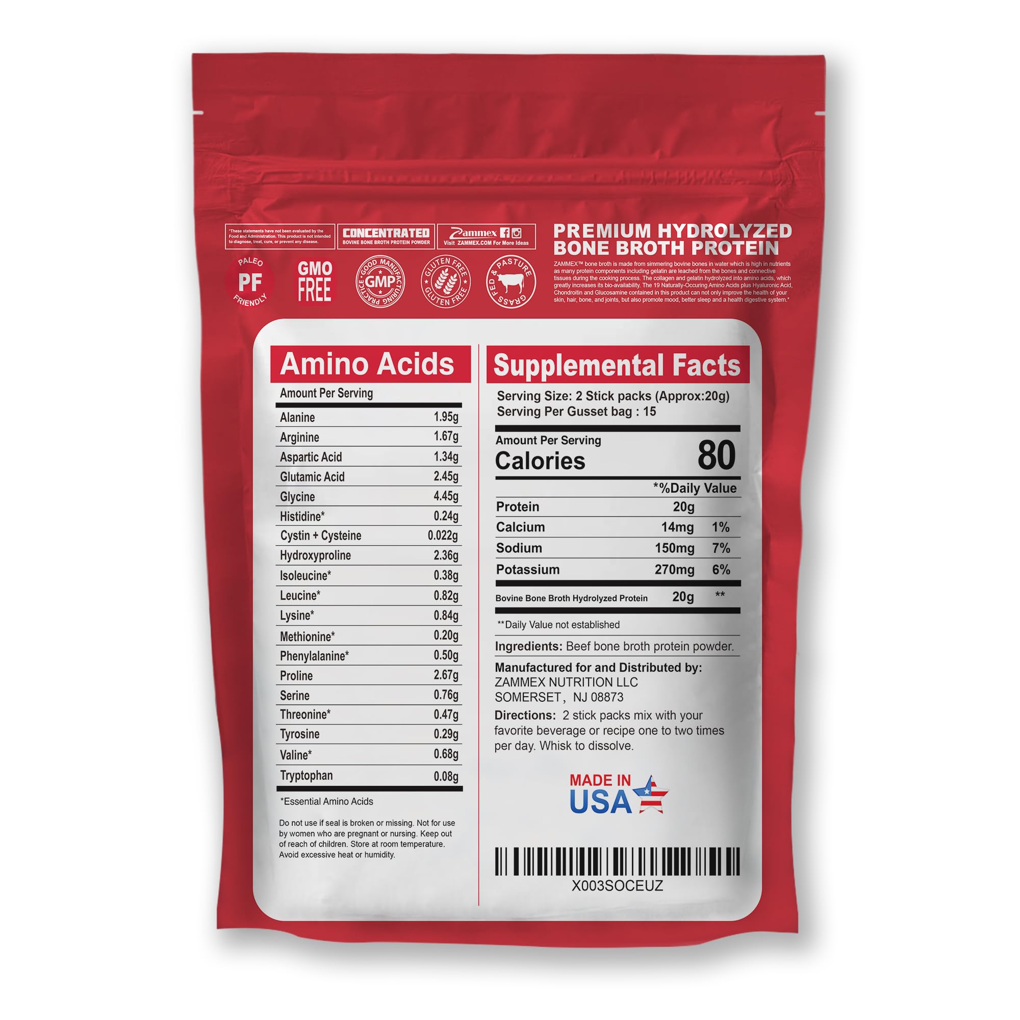 Zammex Bone Broth Packets-20g Collagen Protein-Beef Bone Broth Powder to Go-30 Travel Zammex uk supplements