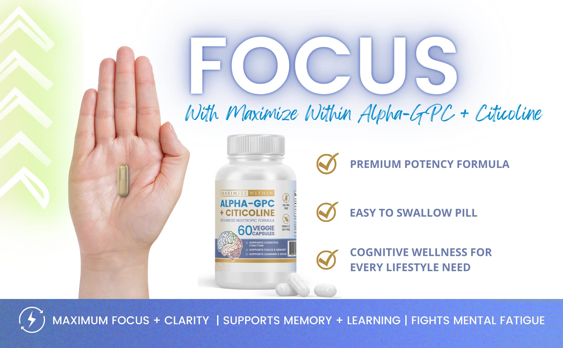 Maximize Within Alpha GPC + Citicoline 60 Ct, 1600mg Concentrated Formula- 99%+Highly Purified & Bioavailable Nootropic-Cognitive Enhancer, Supports Memory, Brain Function, Boosts Focus, Mood & Energy Maximize Within uk supplements
