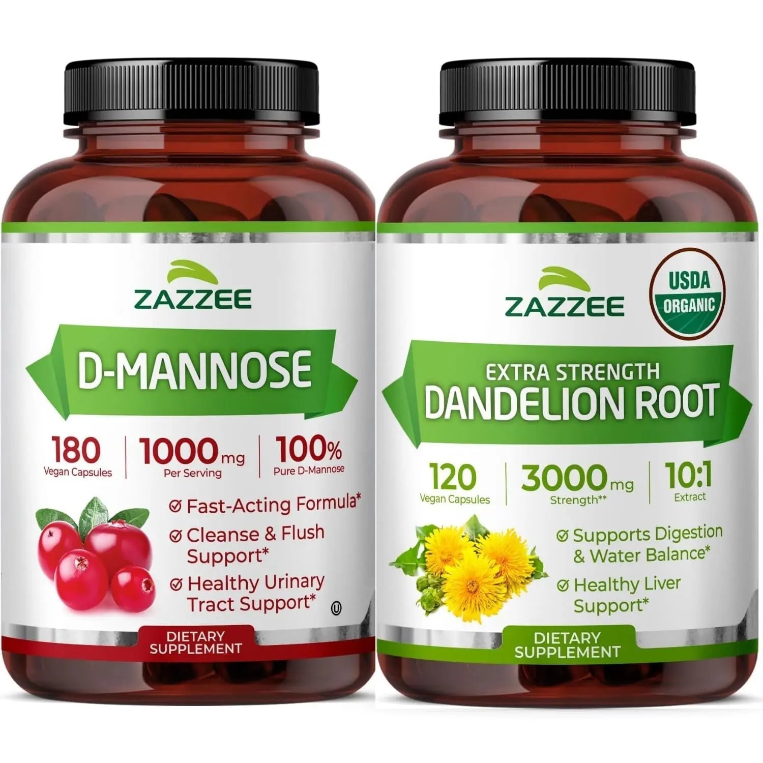 Zazzee Urinary Tract Cleanse & Detox Bundle | USDA Organic Dandelion Root Extract Capsules Plus D-Mannose 1000mg Capsules for UT & Bladder Cleansing Zazzee uk supplements