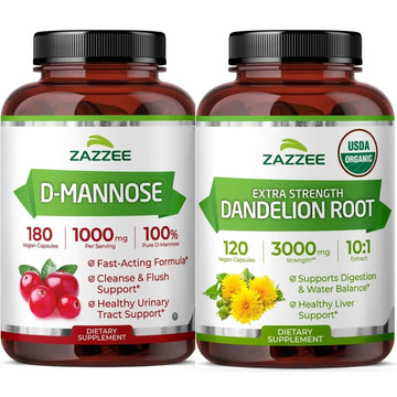 Zazzee Urinary Tract Cleanse & Detox Bundle | USDA Organic Dandelion Root Extract Capsules Plus D-Mannose 1000mg Capsules for UT & Bladder Cleansing Zazzee uk supplements