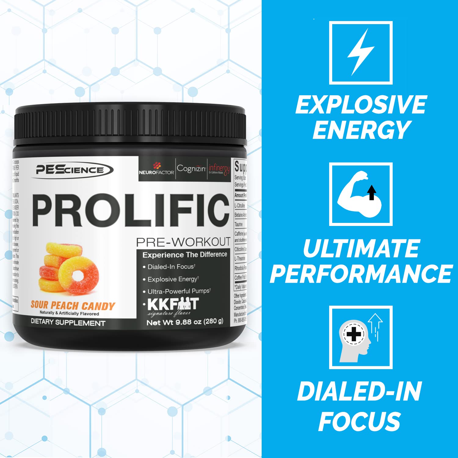 PEScience Prolific Pre Workout Powder, Sour Peach Candy, 40 Scoop, Energy Supplement PEScience uk supplements