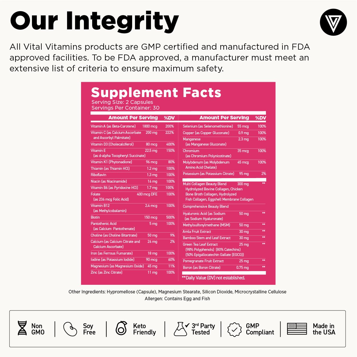 Vital Vitamins Women's Multivitamin Complex - Made with Multi-Collagen Blend, Hyaluronic Acid, & MSM - Beauty Multivitamins - with Vitamin A, C, E, B6, B12, D3-60 Capsules Vital Vitamins uk supplements