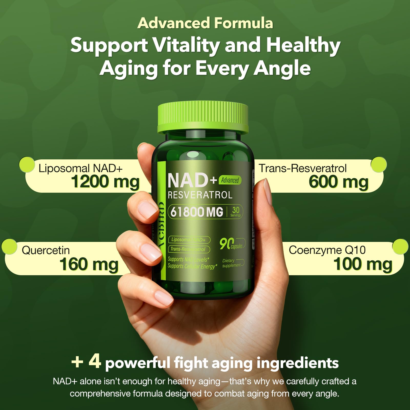 Nad Resveratrol Supplement 61800mg Per Bottle – Liposomal Nad+ Resveratrol for Women & Men – High Purity 1200mg Nad+ Supplement for Energy & Healthy Aging, Resveratrol, Quercetin, CoQ10 – 90 Counts VCBIRD uk supplements