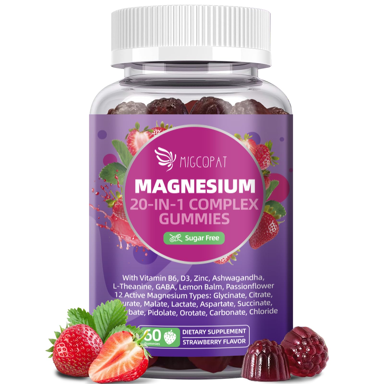 Migcopat Magnesium Complex Gummies, 20 in 1 Magnesium Gummy with Glycinate Citrate Malate Taurate - Ashwagandha, L-Theanine, D3&Zinc for Relaxation, Sleep, Muscle&Heart Support, Strawberry, 60 Cts Migcopat uk supplements