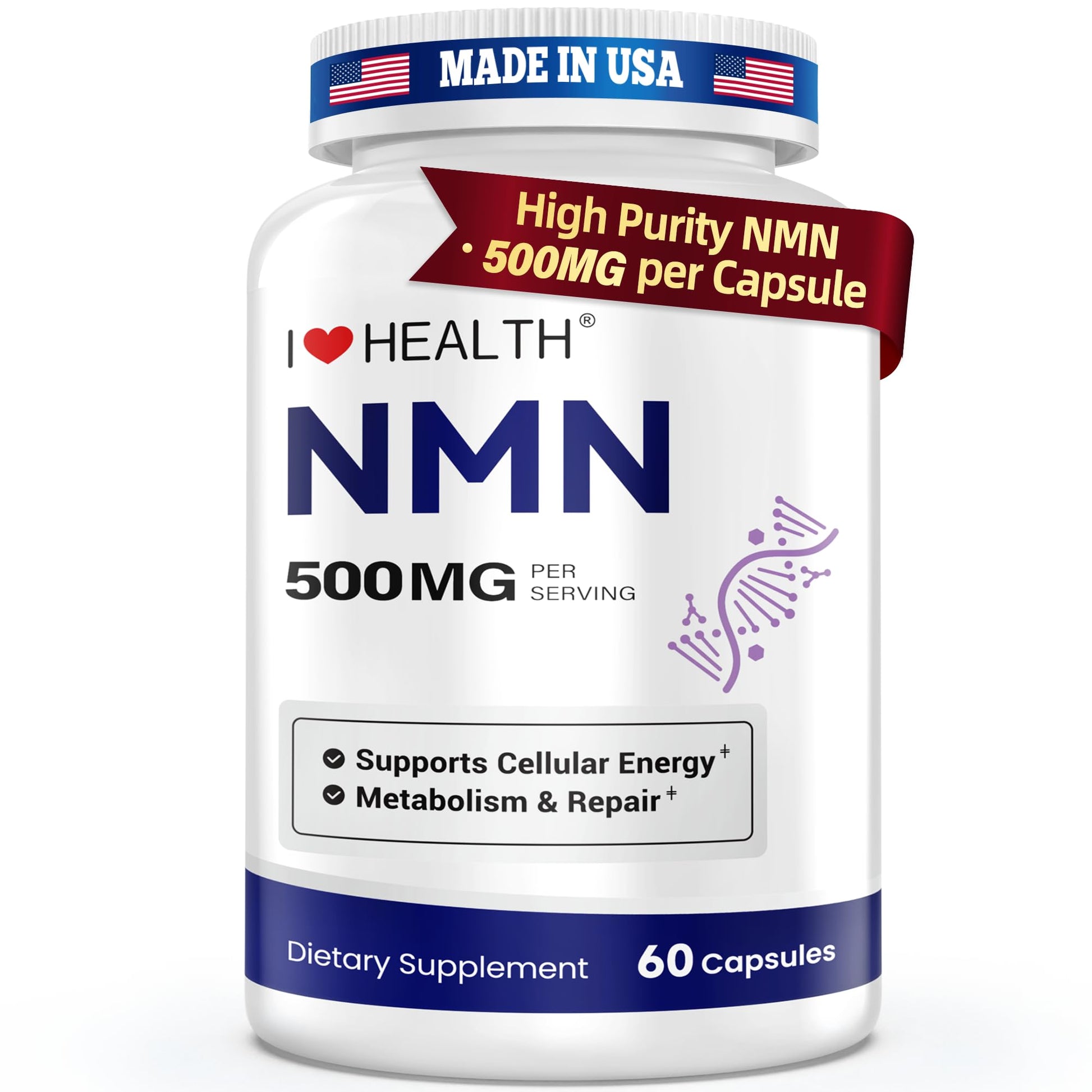 NMN 500MG Per Capsule – High Purity 99.9% NMN, NAD+ Support for Cellular Energy & Healthy Aging, 60 Capsules, Third-Party Tested, cGMP Made in USA I LOVE HEALTH uk supplements