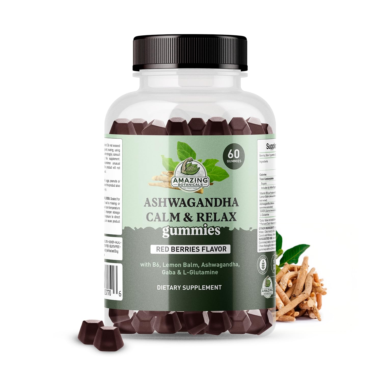 Ashwagandha Calm & Relax Gummies with Vitamin B6, Lemon Balm, GABA & L-Glutamine – 60 Gummies – Red Berries Flavor – Improve Sleep, Stress Relief & Mood – Vegan, Gluten-Free, Non-GMO Amazing Botanicals uk supplements