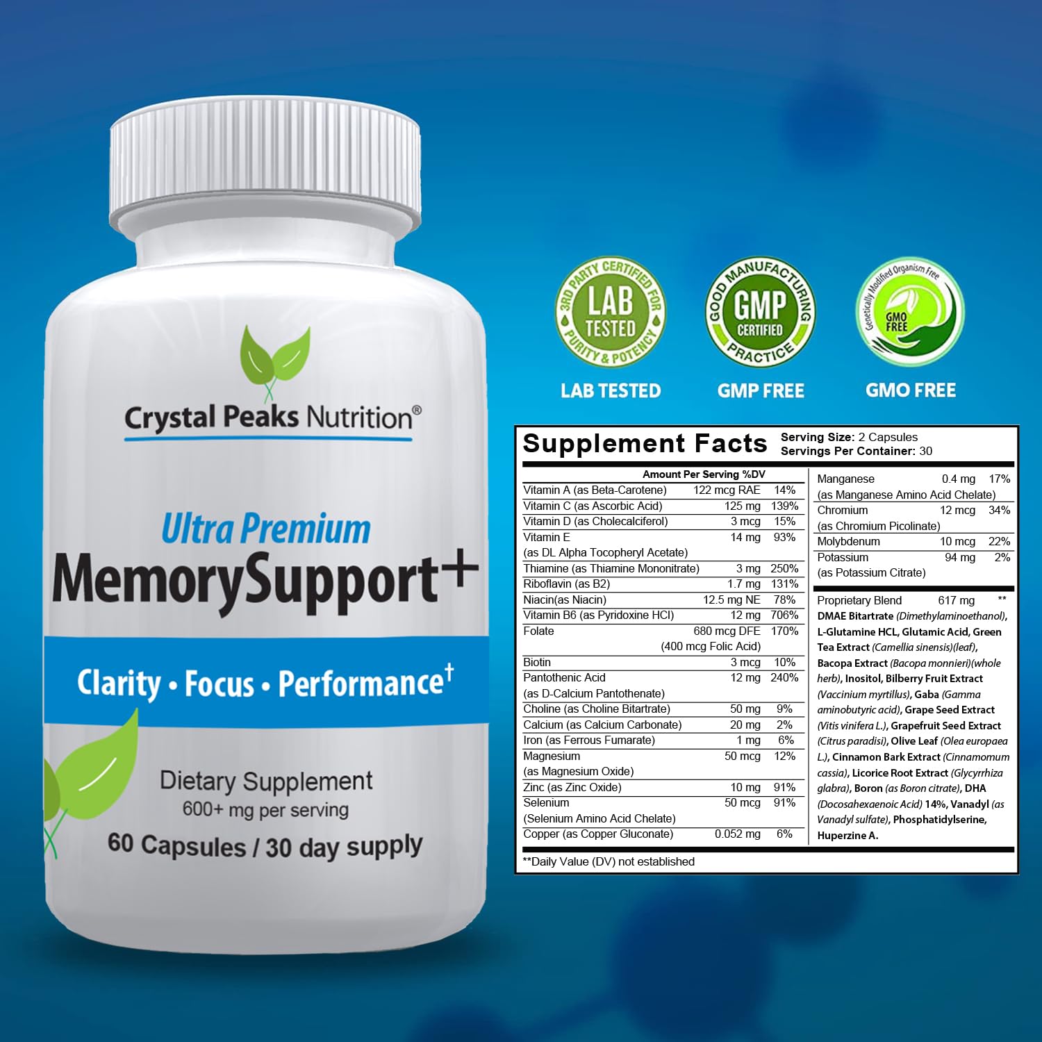 Memory Boost + Brain Support Supplement – Nootropic for Focus, Concentration, Memory. Enhanced Energy, Recall and Alertness - 60 Capsules/30-day Supply. CRYSTAL PEAKS NUTRITION uk supplements