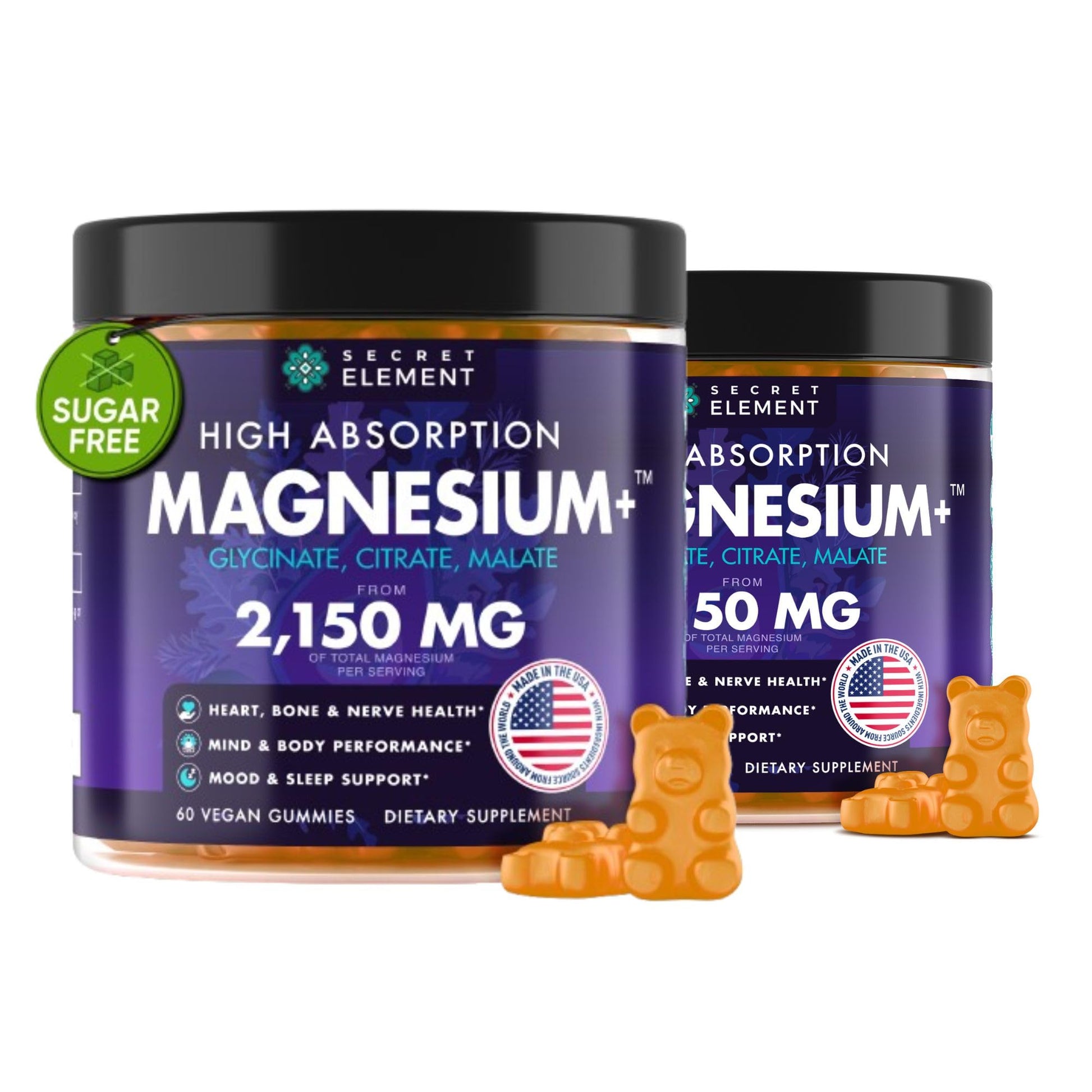 Magnesium Glycinate 2150MG Gummies for Women and Men, High Absorption Magnesium Glycinate, Citrate, Malate, Sugar Free, Vegan, 60 Chews, Pack of 2, Orange Secret Element uk supplements
