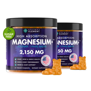 Magnesium Glycinate 2150MG Gummies for Women and Men, High Absorption Magnesium Glycinate, Citrate, Malate, Sugar Free, Vegan, 60 Chews, Pack of 2, Orange Secret Element uk supplements