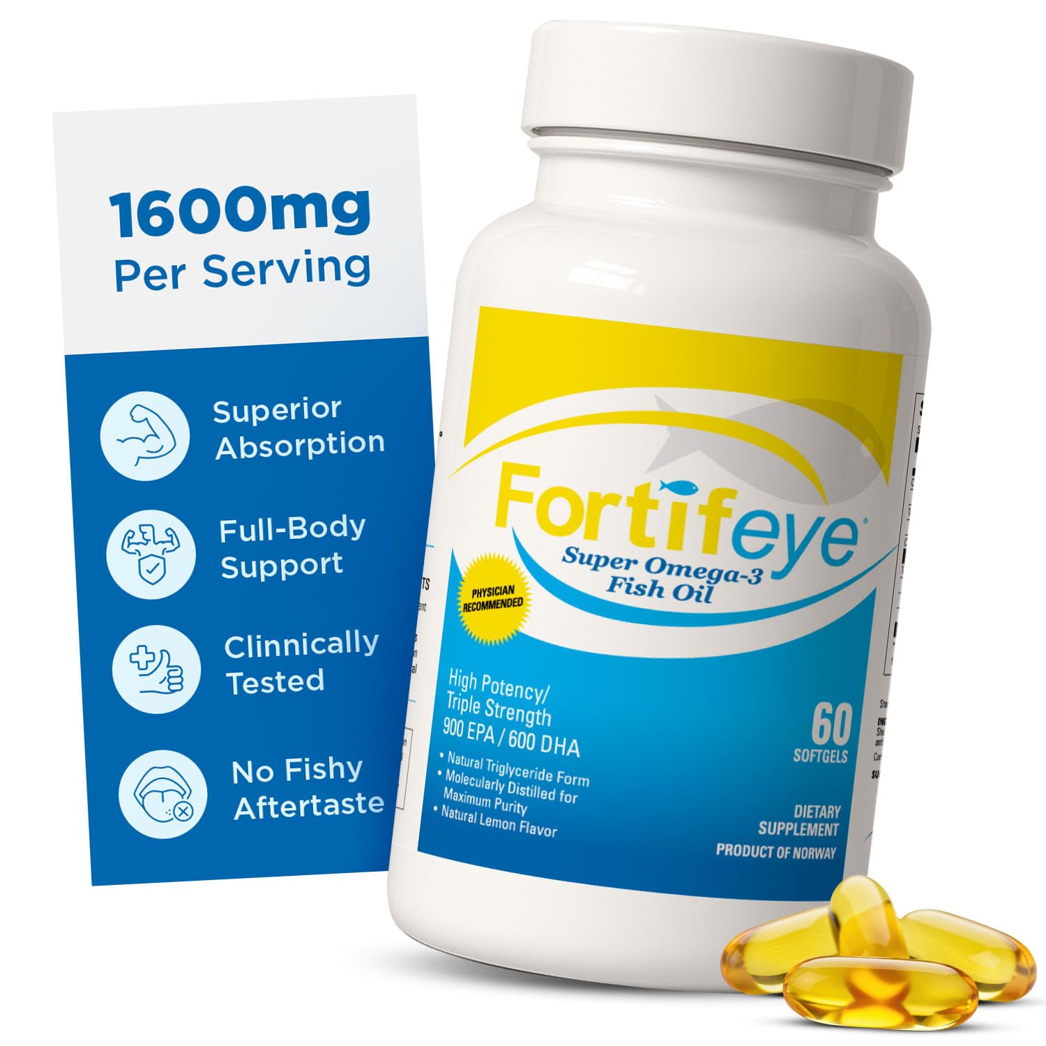 Omega 3 Fish Oil 60Count 1600 mg Made in Norway - High Potency Fish Oil Omega 3 Supplements Triglyceride Form with EPA and DHA Supplements for Women and Men No Fishy After Taste Natural Lemon Flavor Fortifeye Vitamins uk supplements