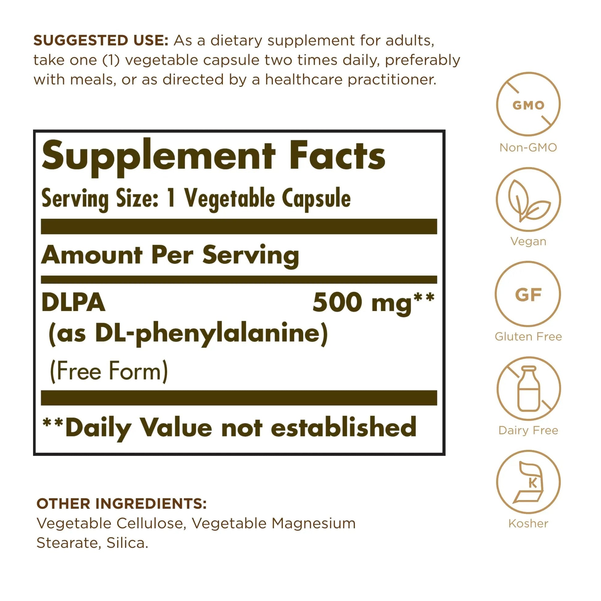 Solgar DLPA 500 mg - 100 Vegetable Capsules - Free Form DL-Phenylalanine - Non-GMO, Vegan, Gluten Free, Dairy Free, Kosher - 100 Servings Solgar uk supplements