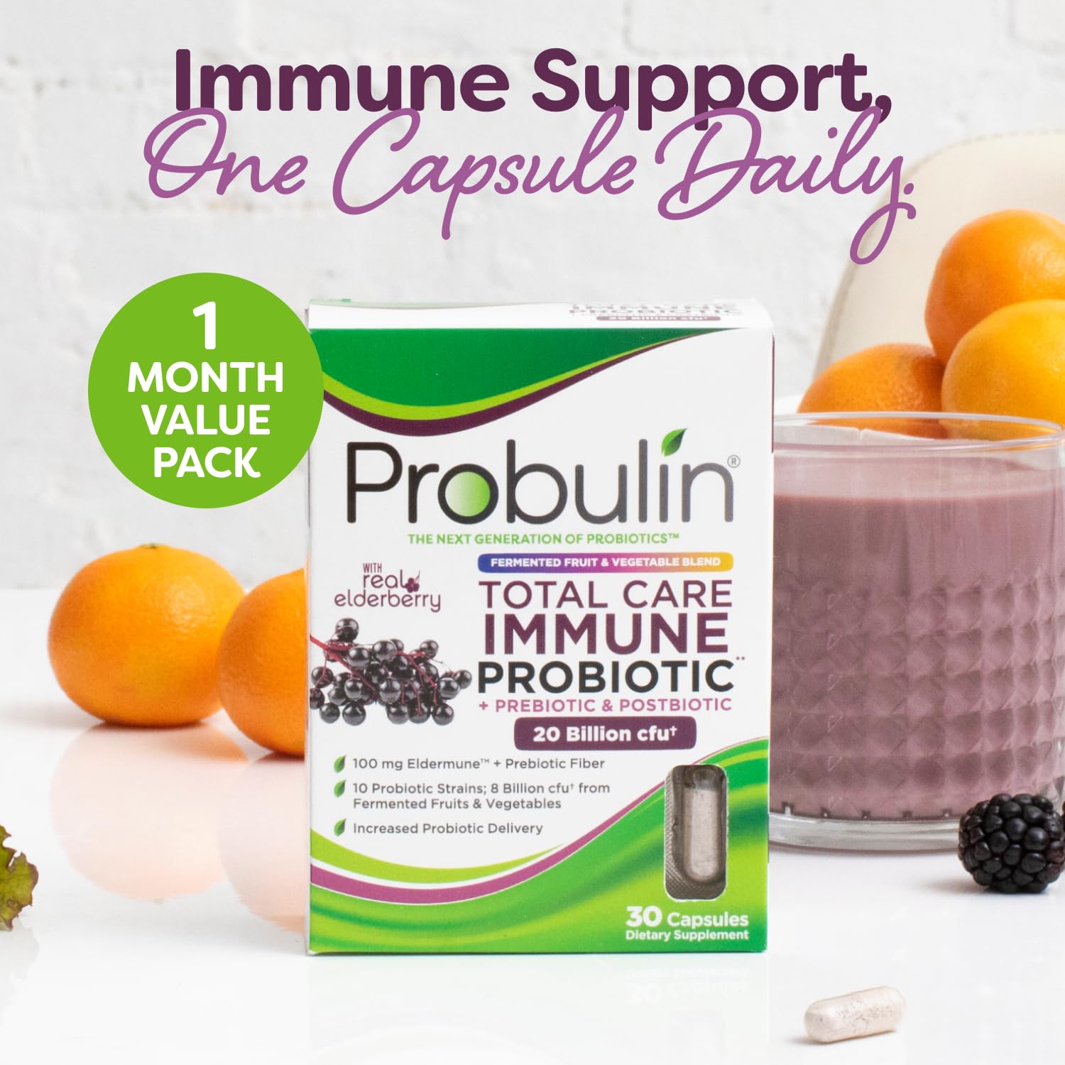 Probulin Total Care Immune = Prebiotics + Probiotics + Postbiotics + Elderberry to Support Immune & Gut Health - 20 Billion CFU - 10 Probiotic Strains, 30 Vegan Capsules Probulin uk supplements