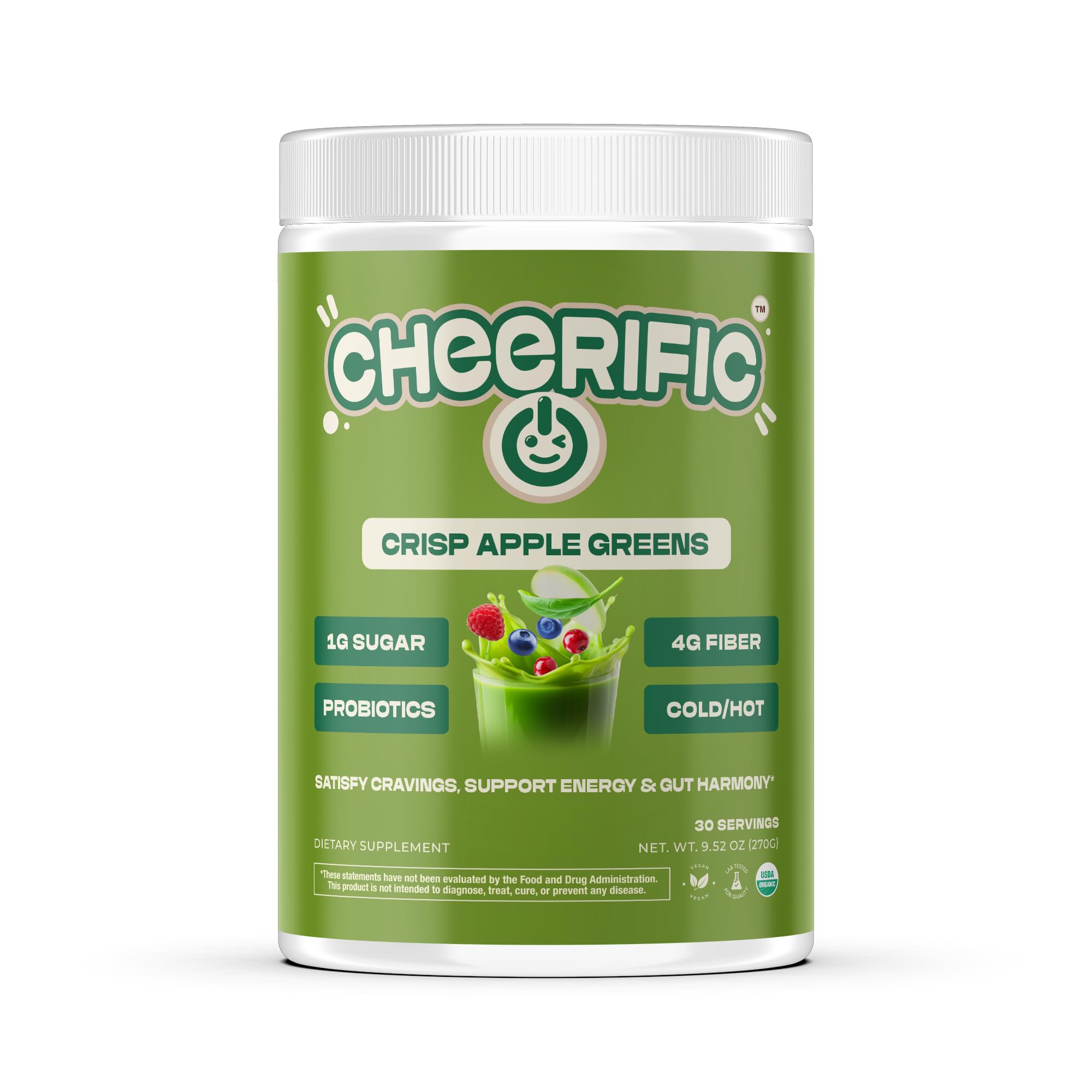 Cheerific Green Apple Bliss Superfood Powder - 20+ Organic Superfoods + Prebiotic & Probiotics + More - Keto Friendly - Supports Positive Mood, Gut Health - Vegan, Gluten Free, Non-GMO - 30 Day Supply Cheerific uk supplements