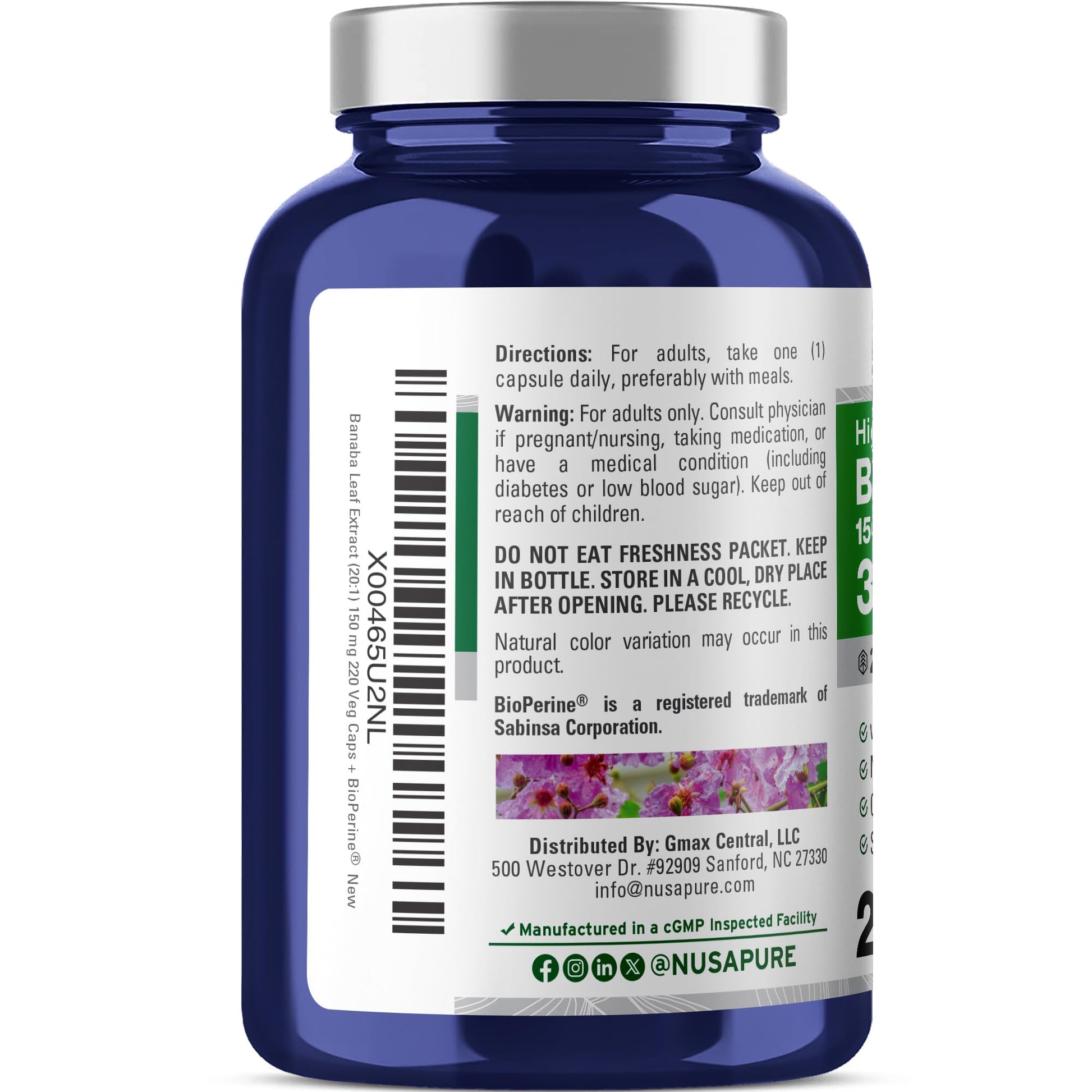 NusaPure Banaba Leaf 20:1 Extract, 150 mg Equivalent to 3,000mg Veg Caps, 220 Days Supply (Non-GMO & Vegan) 2% Corosolic Acid NusaPure uk supplements