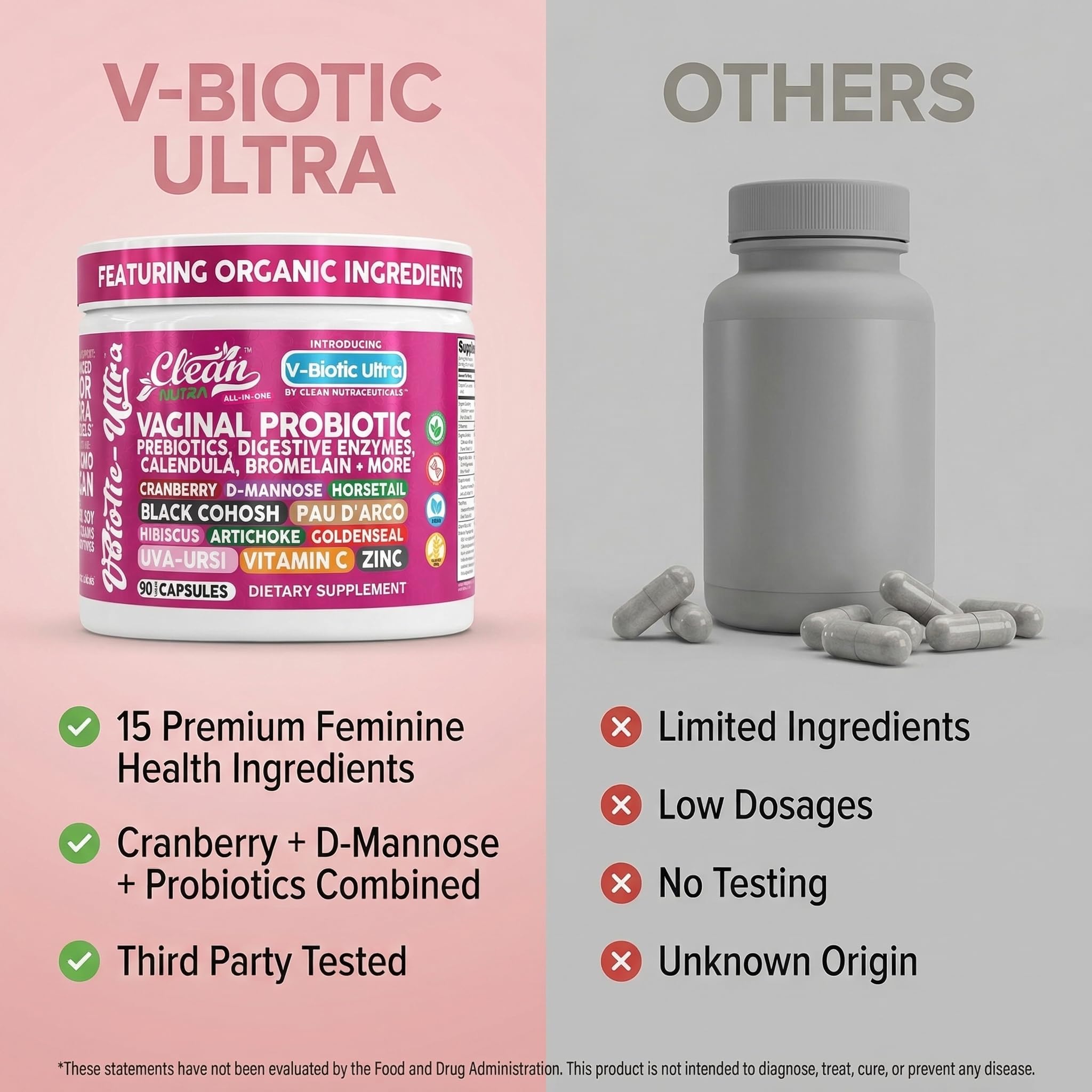 Clean Nutra Vaginal Probiotics for Women + Prebiotics Digestive Enzymes Bromelain Cranberry D Mannose Horsetail Black Cohosh Artichoke Hibiscus Flowers Probiotic for Digestive Health 90 Vegan Capsules Clean Nutraceuticals uk supplements