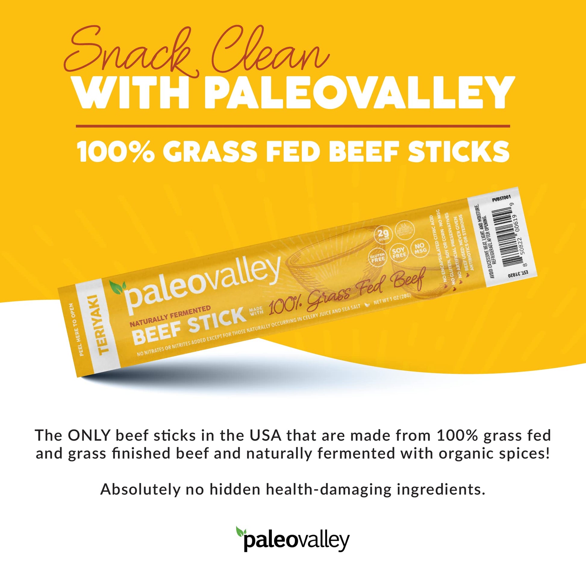 Paleovalley 100% Grass Fed Teriyaki Beef Sticks - Delicious Gluten Free Beef Snack - High Protein Keto Friendly Paleovalley uk supplements