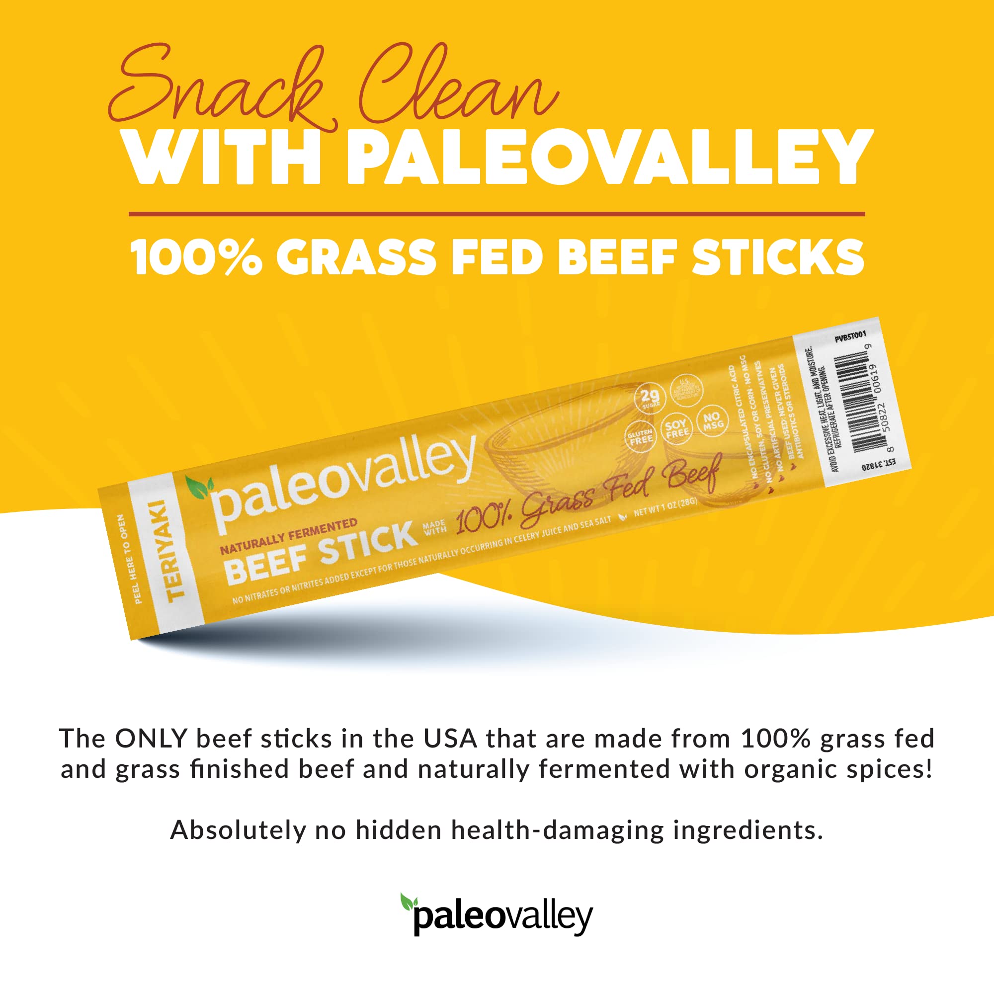 Paleovalley 100% Grass Fed Teriyaki Beef Sticks - Delicious Gluten Free Beef Snack - High Protein Keto Friendly Paleovalley uk supplements