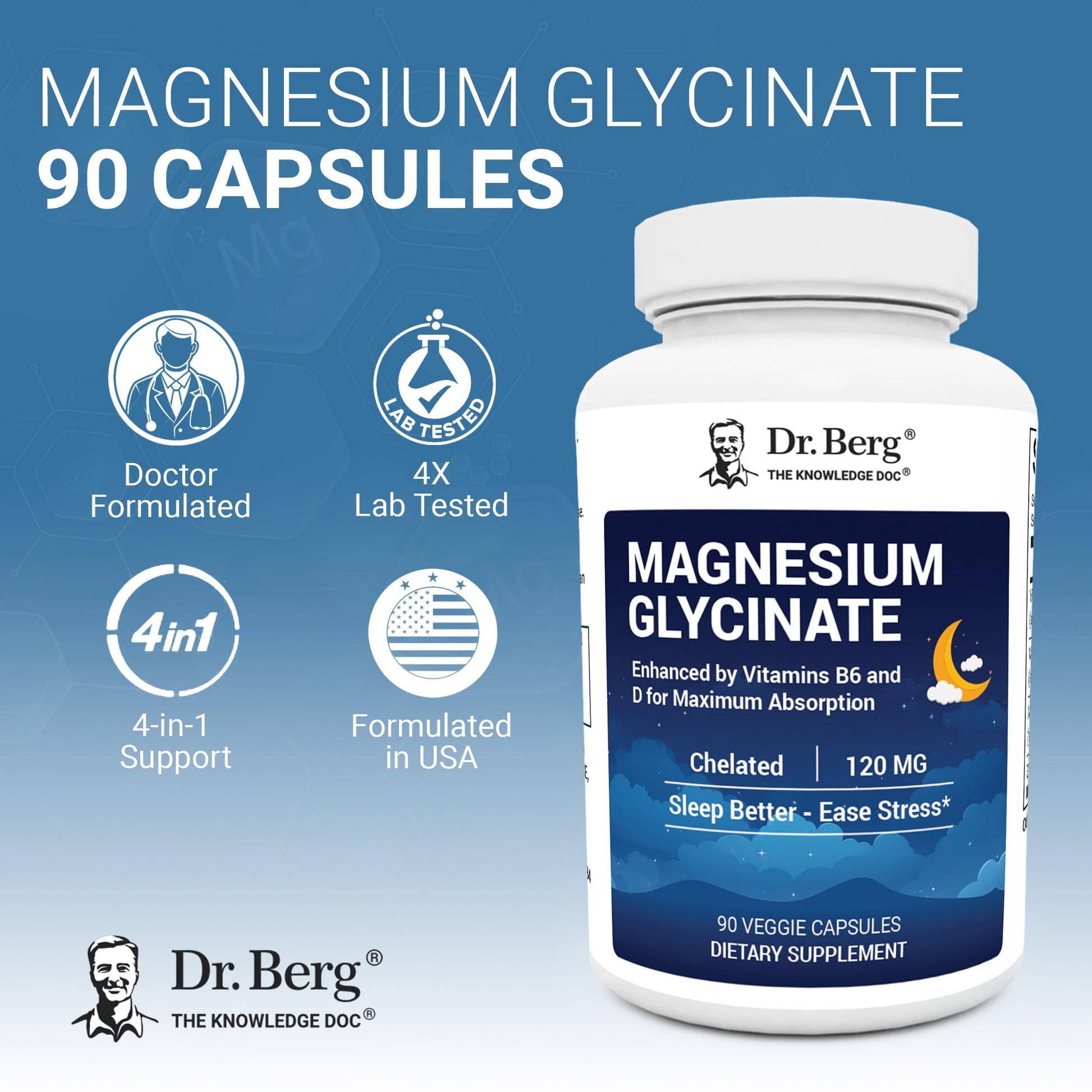 Dr. Berg Magnesium Glycinate 90ct – 4-in-1 Chelated for Muscle, Nerve, Sleep & Stress Support*– w/ D3, B6 & Zinc – 4X Lab-Tested – No Fillers – Formulated in USA, GMP-Certified Dr. Berg Nutritionals uk supplements