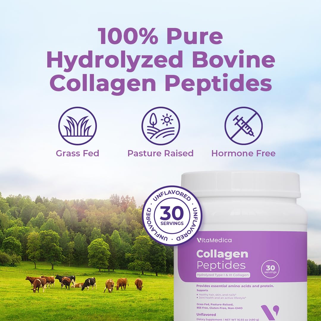 VitaMedica Collagen Peptides Powder for Women & Men - Healthy Hair, Skin, Nails, Bones and Joints - Hydrolyzed Types I & III, Grass-Fed, Pasture-Raised Protein, Zero Sugar - 30 Servings VitaMedica uk supplements