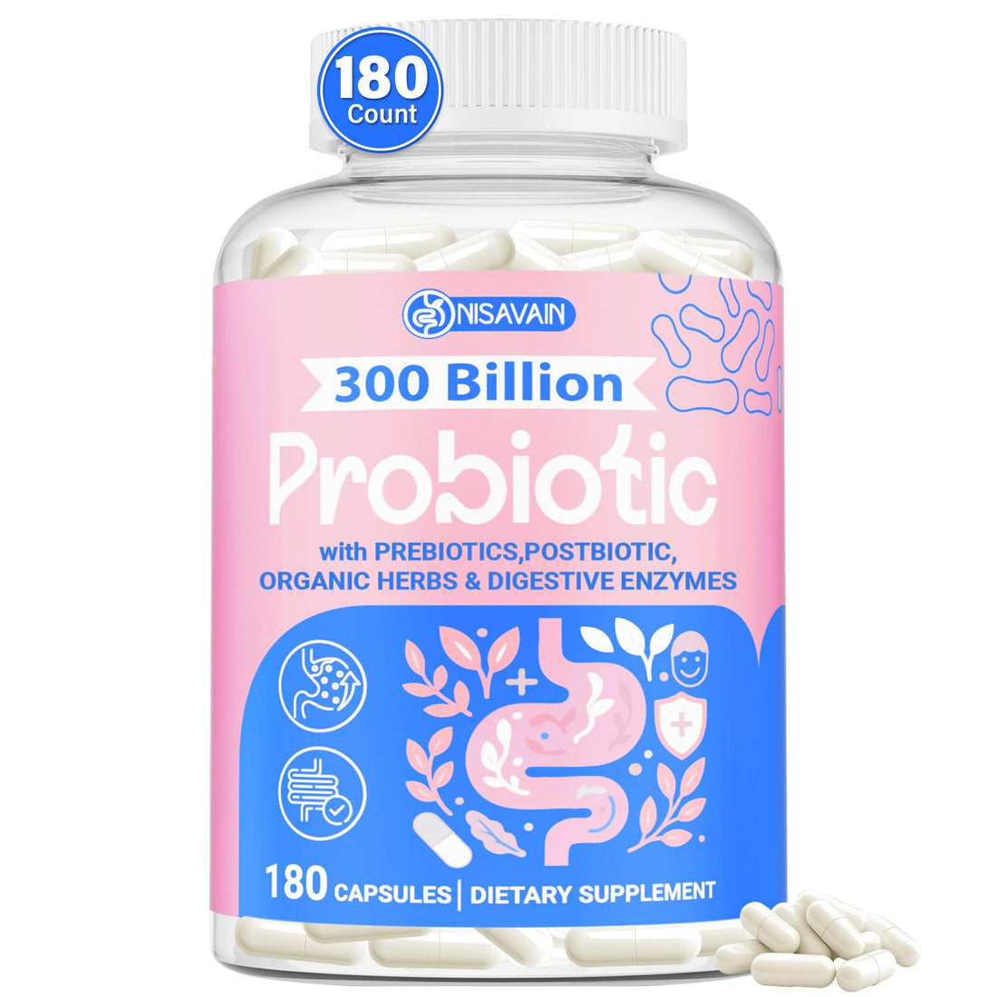 (180 Capsules) Probiotics for Women & Men, 5-in-1 Probiotic, Prebiotic, Postbiotic, Organic Herbs & 16 Digestive Enzymes Blend, 300 Billion CFU, Complete Gut Health, Digestive Health & Immune* Nisavain uk supplements