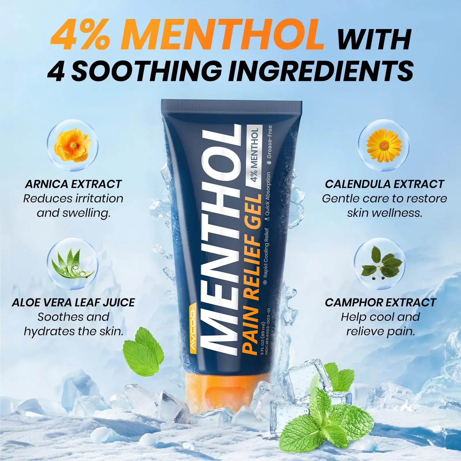 AVCOO 4% Menthol Pain Relief Gel, Cooling Sensation for Arthritis, Knees, Joint, Sore Muscle, Neck, Shoulder and Lower Back Pain Relief, Grease-Free Gel, 2 Packs (3 OZ Per Pack) AVCOO uk supplements