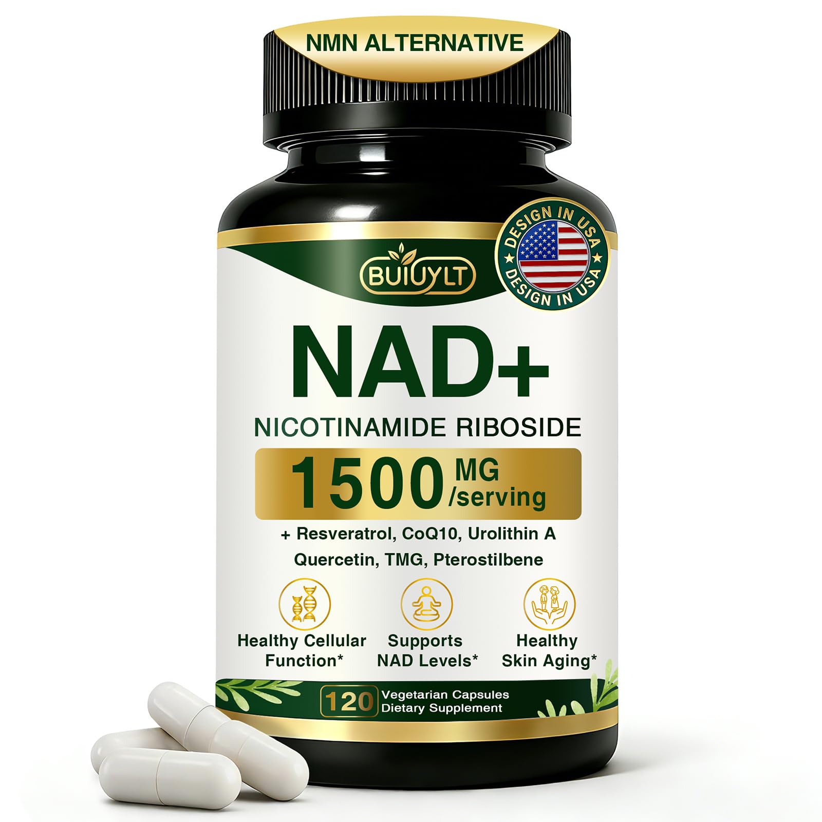 BUIUYLT NAD+ Supplement 1500mg, NR NMN Replacement with Resveratrol, Urolithin A, CoQ10 & Quercetin for Cellular Energy, Healthy Aging & Stamina for Women & Men - 120 Capsules BUIUYLT uk supplements