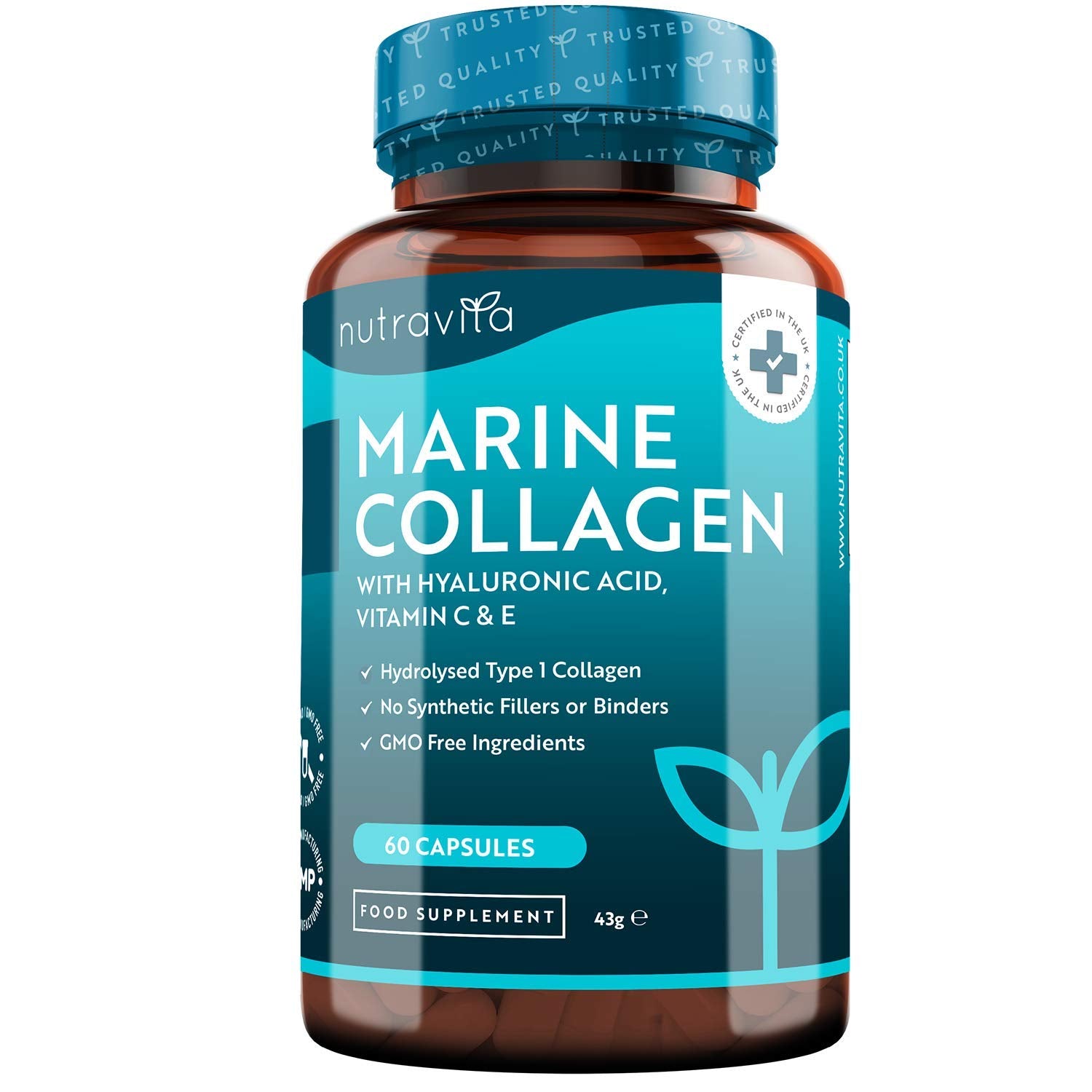 Marine Collagen 1000mg - 60 Capsules of Superior Type 1 Hydrolysed Collagen Nutravita uk supplements