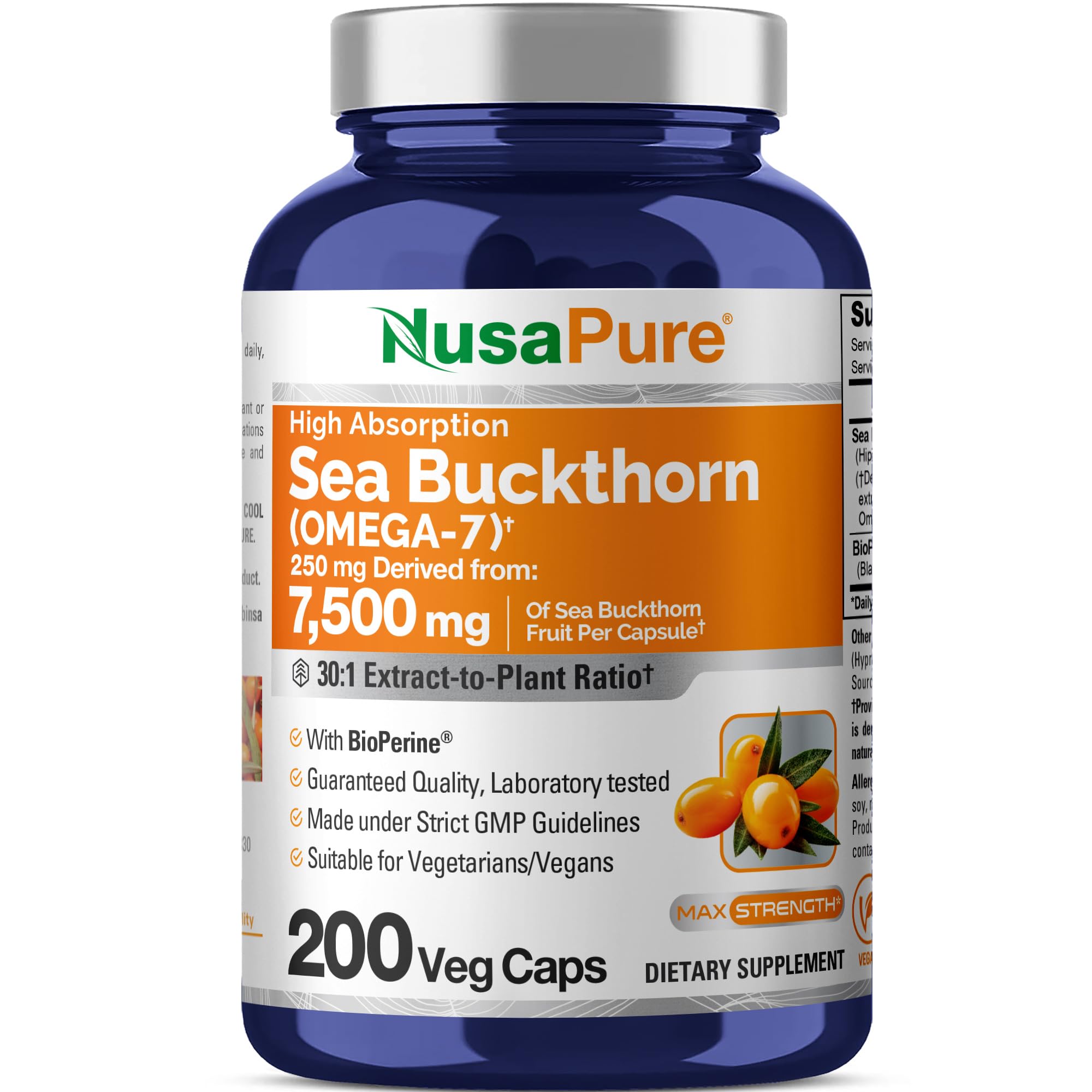 NusaPure Sea Buckthorn Omega-7 30:1 Extract, 250 mg Equivalent to 7,500mg per Veggie Caps - 200 Capsules - Non-GMO & Vegan NusaPure uk supplements