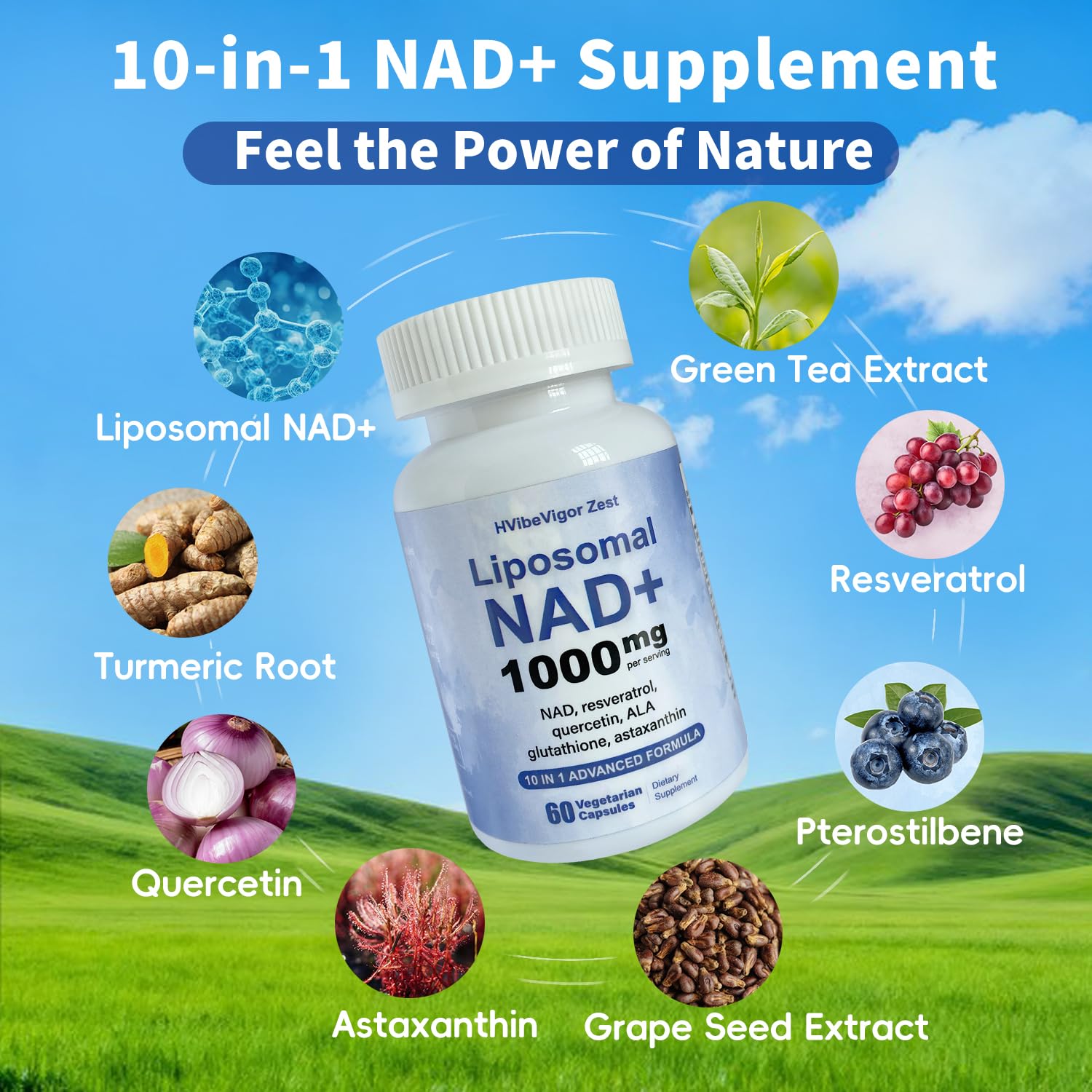 NAD Supplement 1000mg, Liposomal NAD+ Supplement with Resveratrol, Glutathione & Astaxanthin - Support Cellular Health, Stamina & Healthy Aging, NMN Supplement Alternative – 60 Capsules HVibeVigor Zest uk supplements