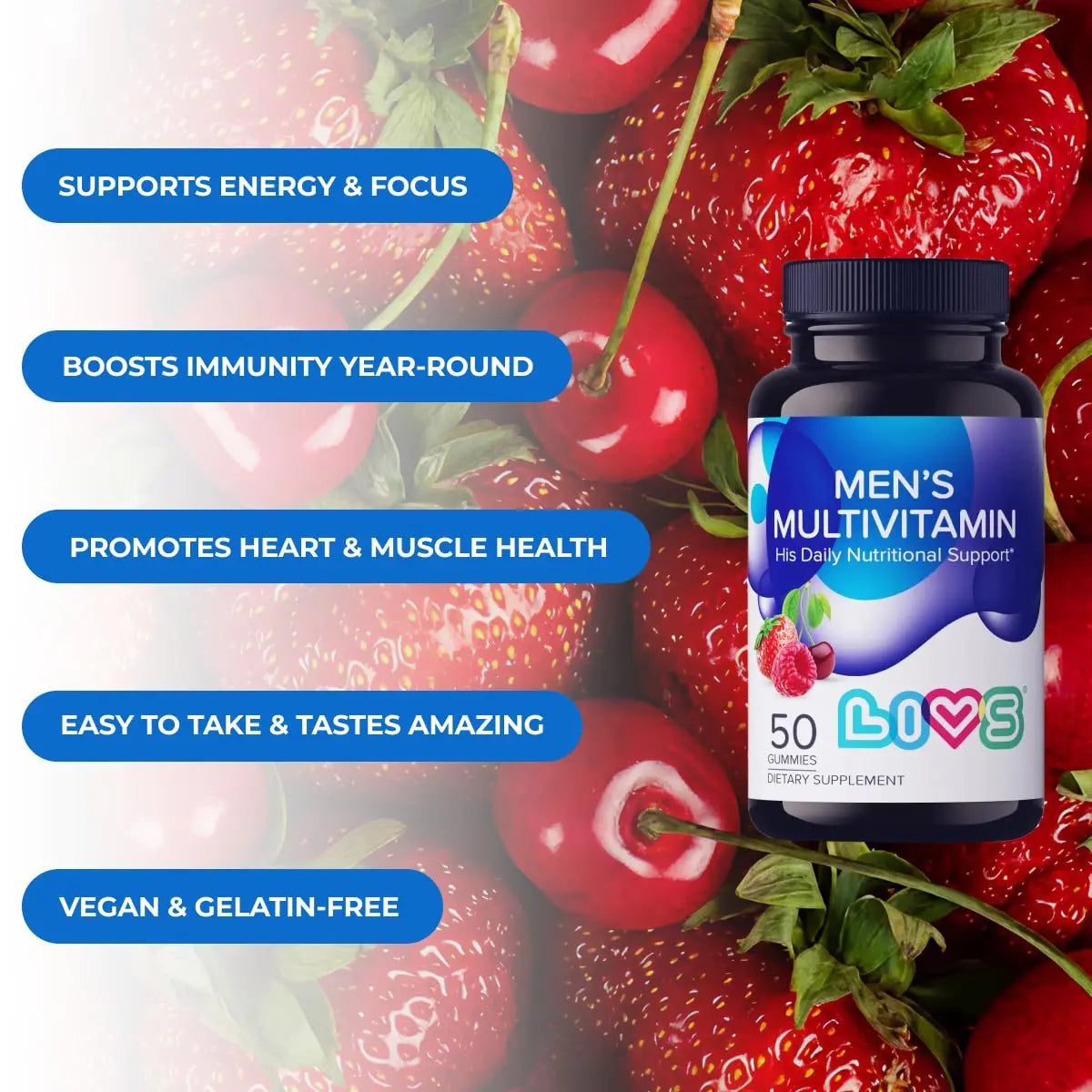 LIVS Men’s Multivitamins Gummies | Chewable Multivitamins for Men Health, Iron & Immune Support | Daily Vitamins with Zinc, Vitamin D3, B12, Biotin & More | LIVS uk supplements