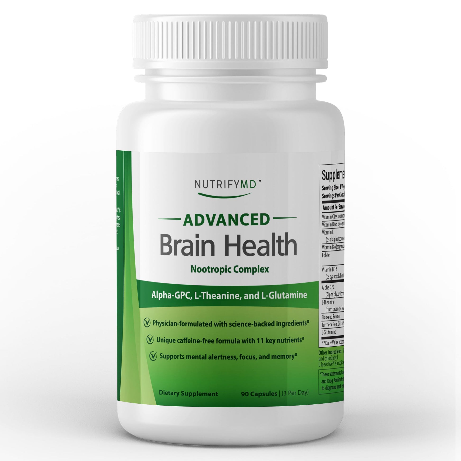 Advanced Brain Health Supplement with Alpha GPC, L-Theanine, L-Glutamine for Memory and Focus - 90 Capsules NutrifyMD uk supplements