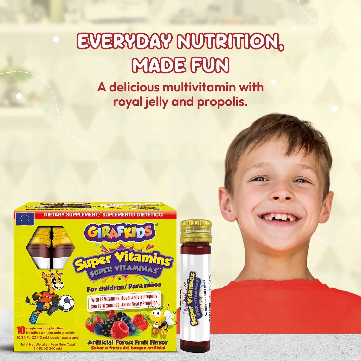 GirafKids Super Vitamins for Kids with Royal Jelly and Propolis, 10 multivitamin servings - Wellness Formula Vitamin C, B Complex, D3, E & Folic Acid PHARMADEL uk supplements