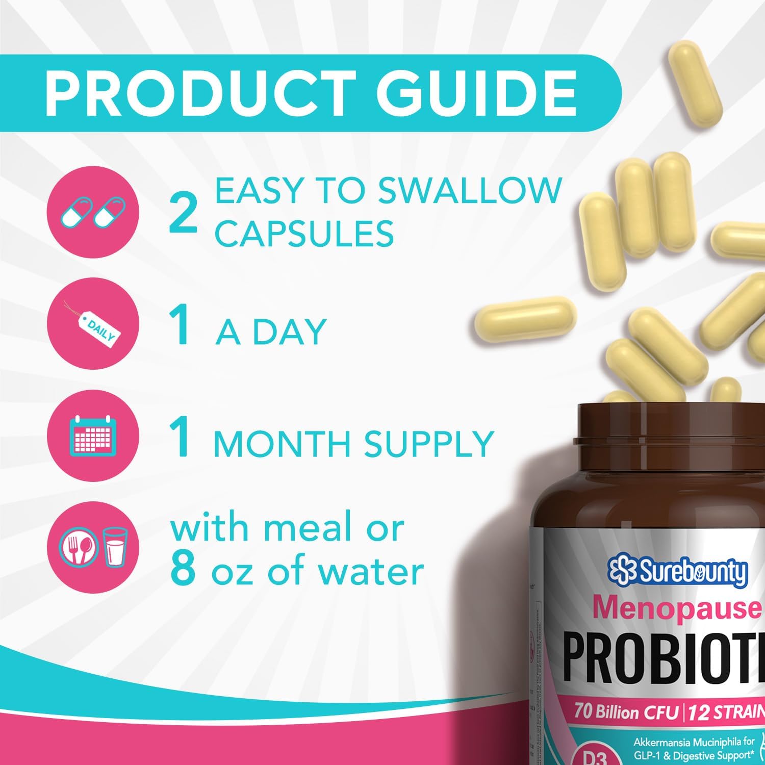 Surebounty Menopause Probiotic Supplement for Women, 70 Billion CFU, with Akkermansia Muciniphila, Vitamins B6 & D3, Botanicals, for Hormone Balance, Hot Flashes, Night Sweats, Gut Health, 60 Capsules Surebounty uk supplements