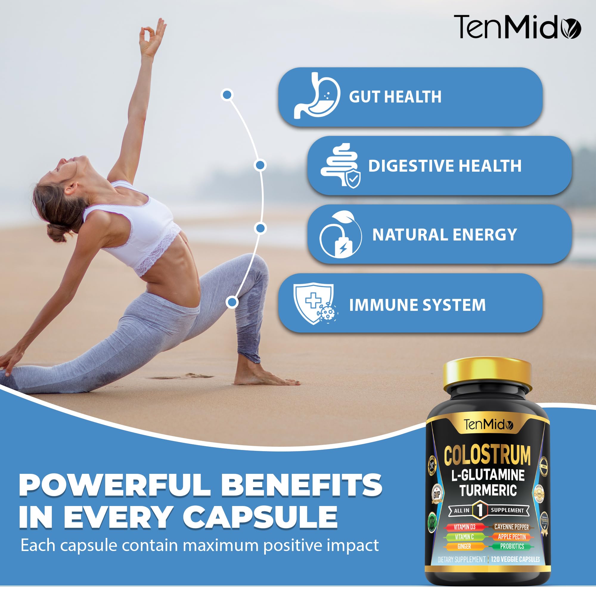 Tenmido Colostrum Supplement - 10in1 Formula - Combine with L- Glutamine, Turmeric, Cayenne Pepper, Apple Pectin, Probiotics, Ginger, and More - Digestive Health, Immune Support - 120 Capsules Tenmido uk supplements