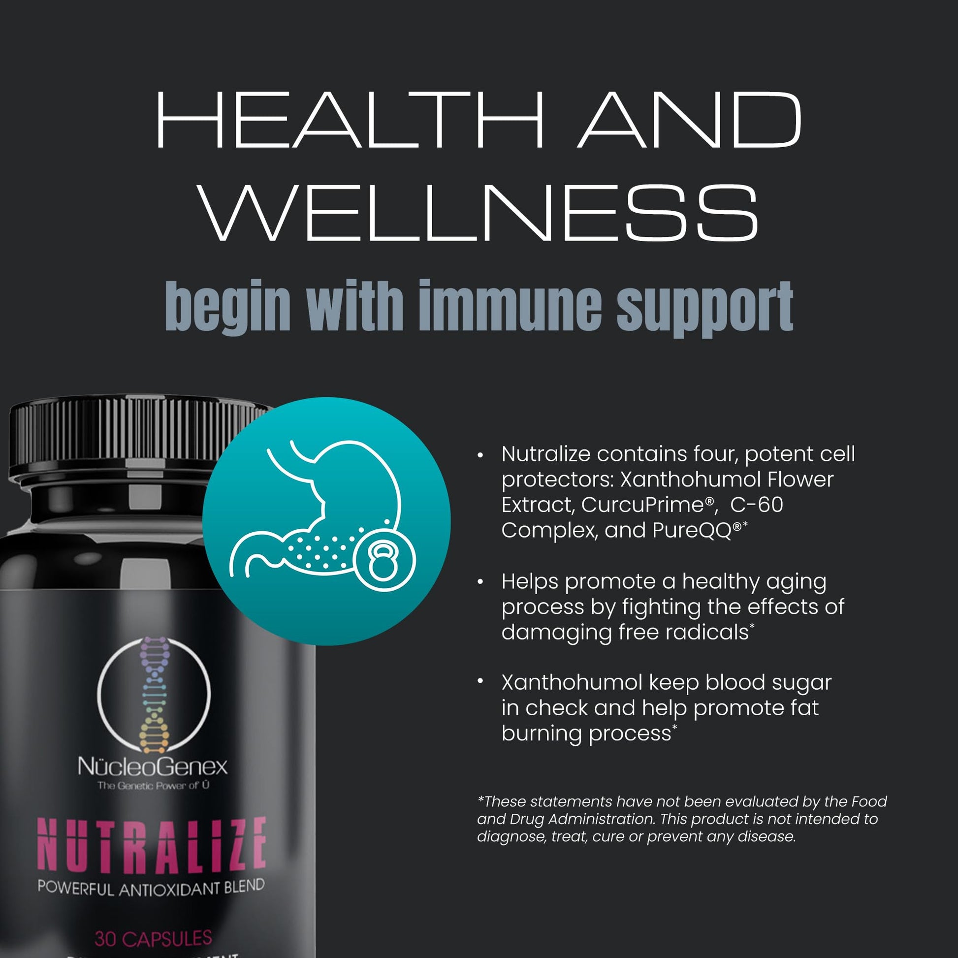 Nucleogenex - Nutralize - The Key to Supporting a Healthy Aging Process and Immune System - Potent Blend for Powerful Cell Protection - Xanthohumol, CurcuPrime, C-60 Complex, PureQQ - 30 Capsules NucleOGenex uk supplements