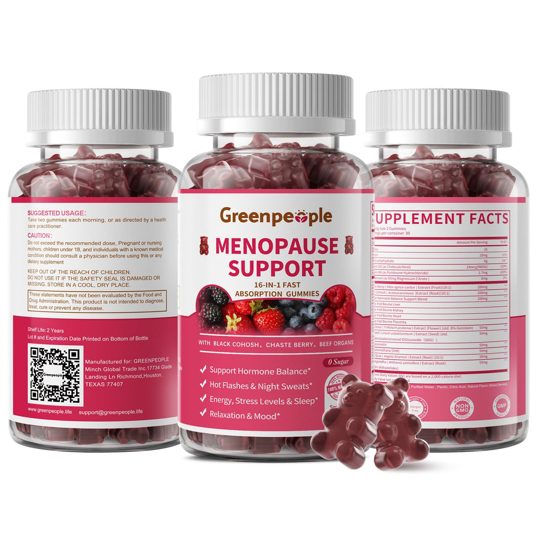 GREENPEOPLE Menopause Supplements for Women Gummies - 16-in-1 Dual Action Menopause Relief W/Black Cohosh, Vitex, Beef Organs for Hormone Balance, Hot Flashes, Night Sweats & Mood, Sugar-Free 60 CT GREENPEOPLE uk supplements