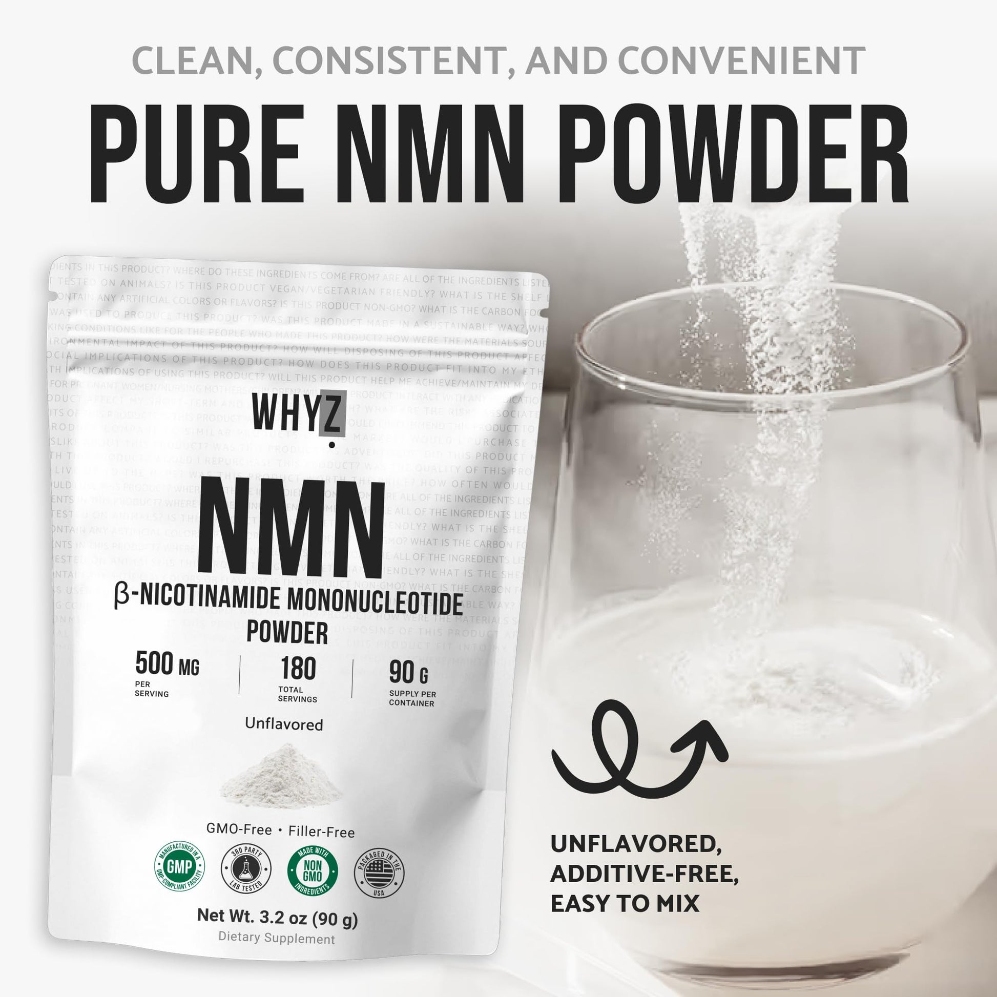 Pure NMN Powder Nicotinamide Mononucleotide Quick Dissolved NMN Supplement Powder 100% Unflavored NMN Supplement Supports NAD+ Levels Vegan Friendly Non-GMO, 90g WHYZ uk supplements
