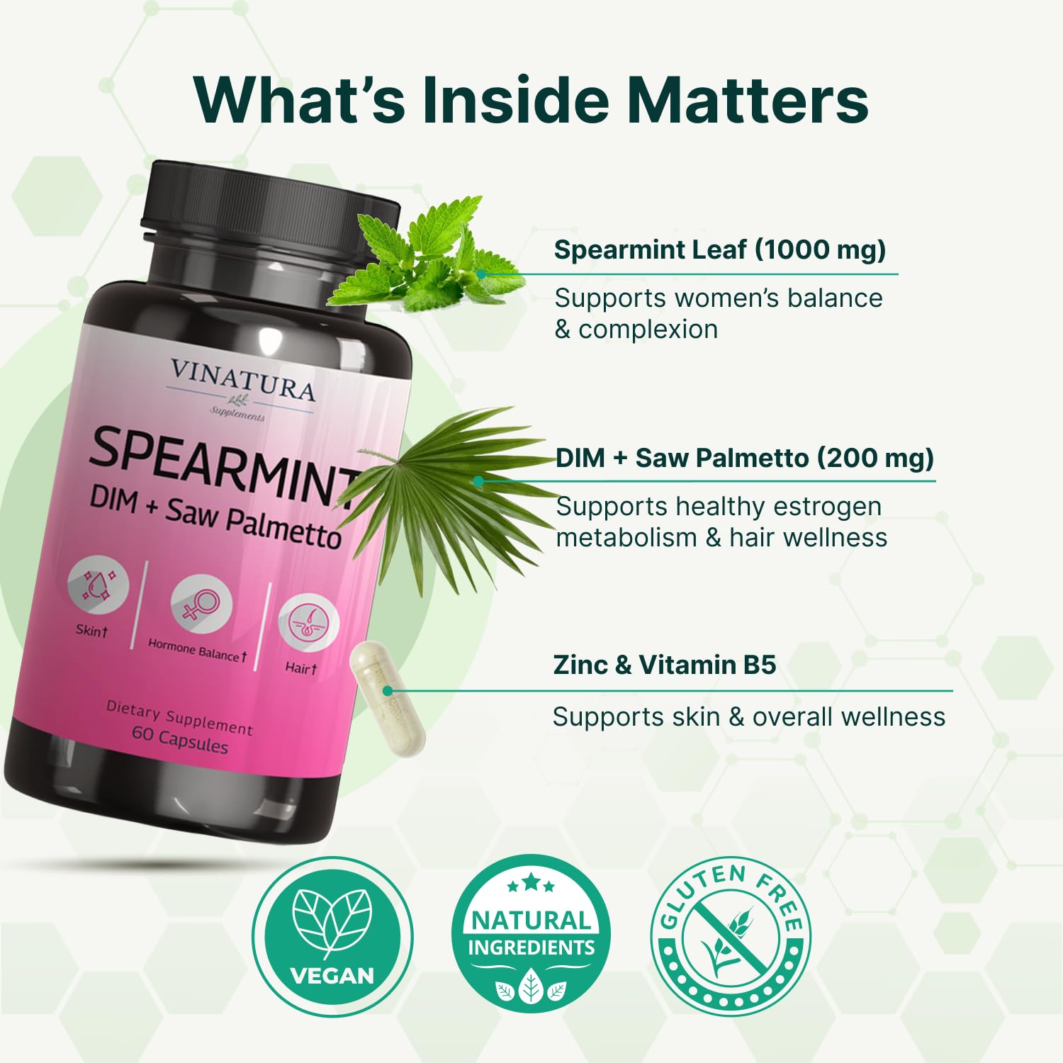 VINATURA Spearmint Leaf Capsules Supplement - Enhanced with DIM & Saw Palmetto, for Unwanted Hair, Women' Health & Skin *USA Made & Tested* - 1380mg/serving, 60 Capsules (30 Servings) VINATURA uk supplements