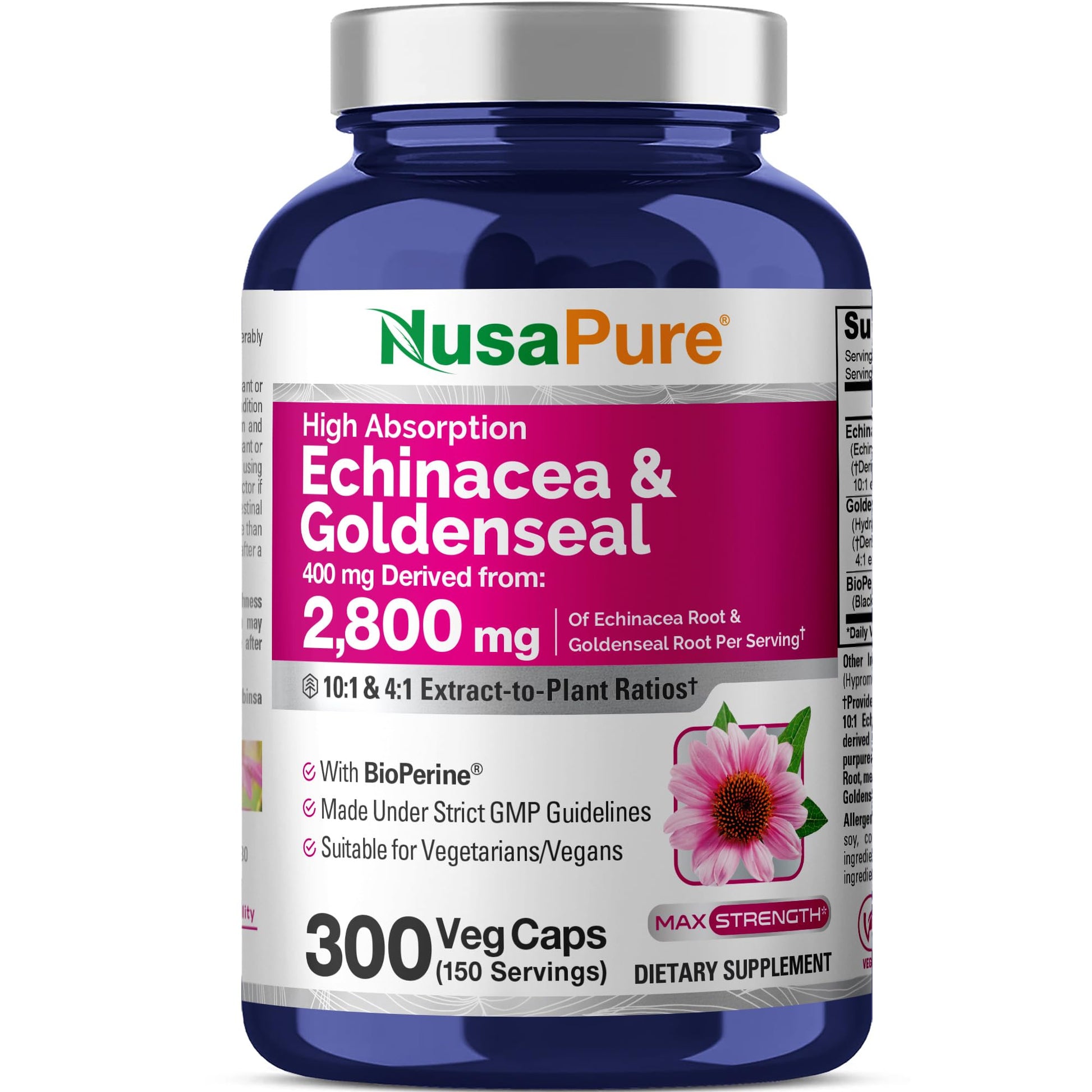 NusaPure Echinacea Goldenseal 200mg, (Extract 10:1, Equivalent to 2,000mg), 200mg, (Extract 4:1, Equivalent to 800mg) - 2800mg 300 Veggie Caps (Vegetarian, Non-GMO, Vegan) NusaPure uk supplements