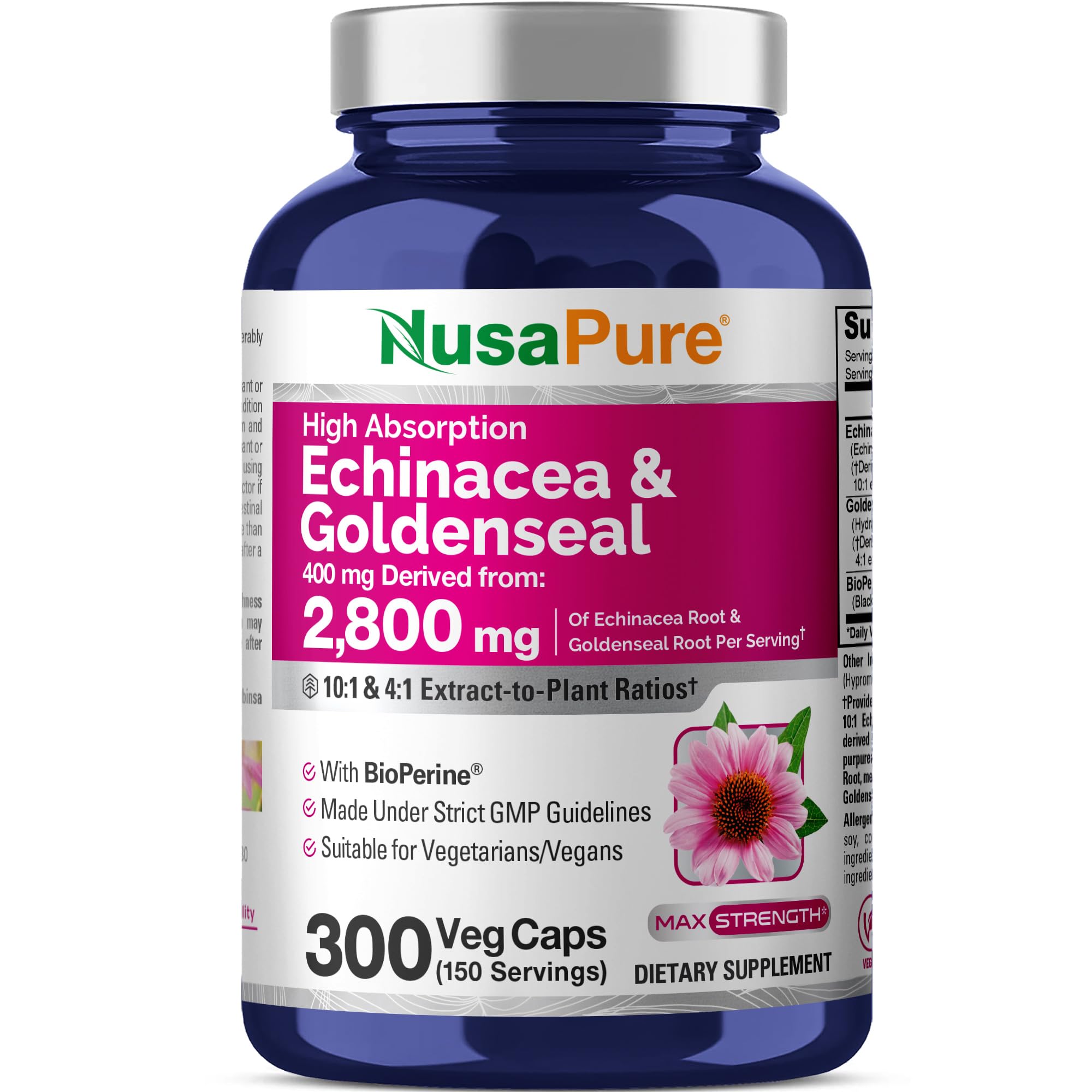 NusaPure Echinacea Goldenseal 200mg, (Extract 10:1, Equivalent to 2,000mg), 200mg, (Extract 4:1, Equivalent to 800mg) - 2800mg 300 Veggie Caps (Vegetarian, Non-GMO, Vegan) NusaPure uk supplements