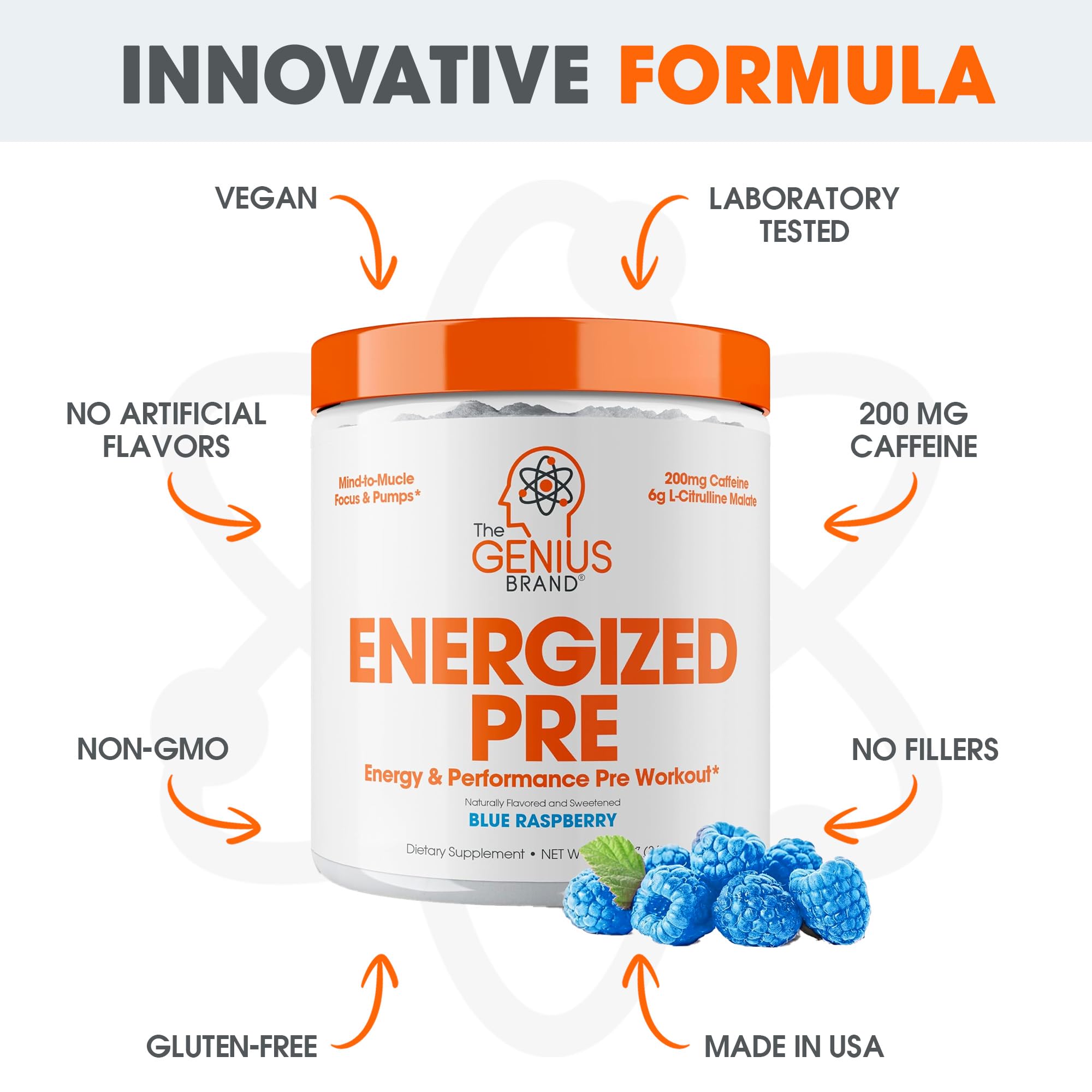 Genius Energized Pre Workout Powder – Caffeine Infused Pre-Workout Booster Supplement with Beta Alanine & Alpha GPC, No Artificial Sweeteners or Dyes - 200mg Caffeine, 20 Servings, Blue Raspberry The Genius Brand uk supplements