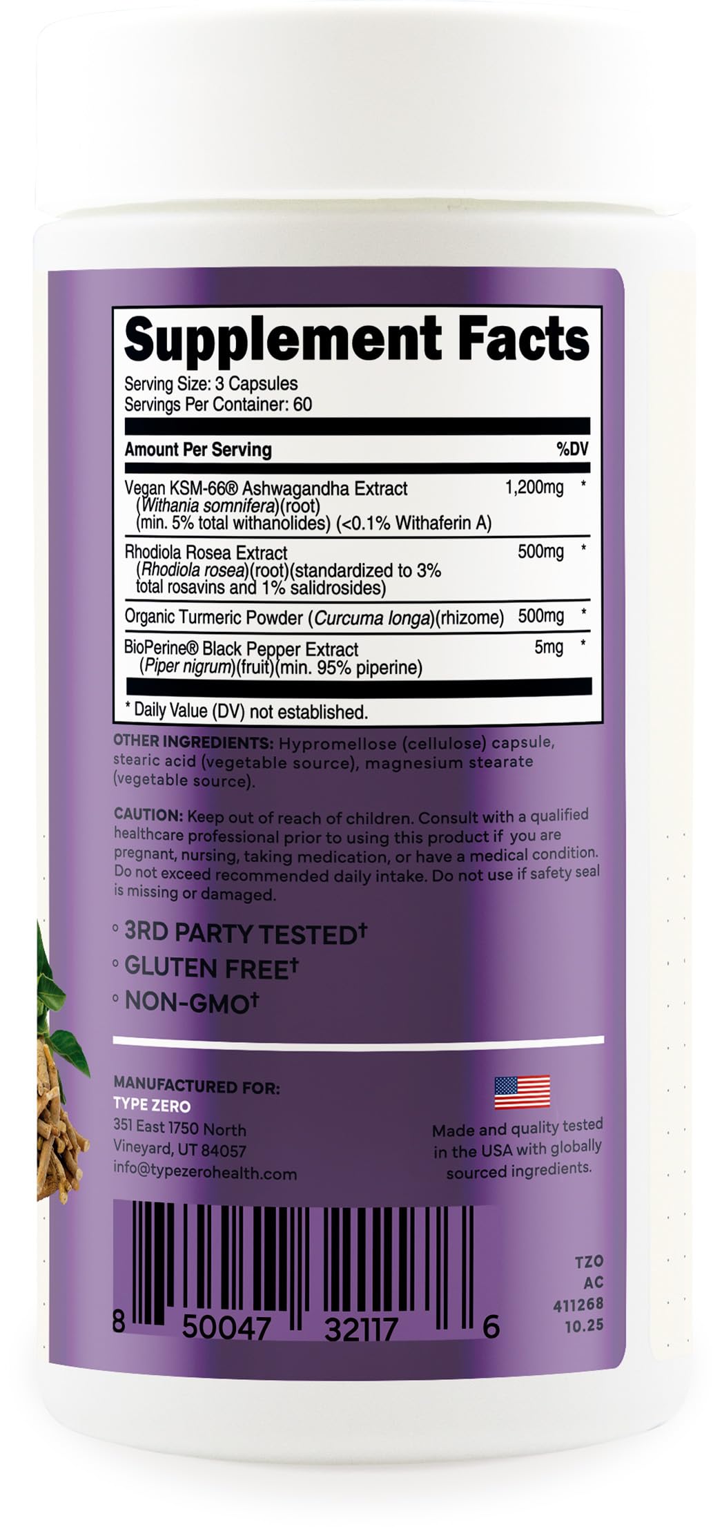 Type Zero KSM-66 Ashwagandha Root Extract 1,200mg, 60 Servings - High Potency 5% Withanolides - with Turmeric, Rhodiola Rosea and BioPerine Black Pepper Extract - 180 Veggie Caps Type Zero uk supplements