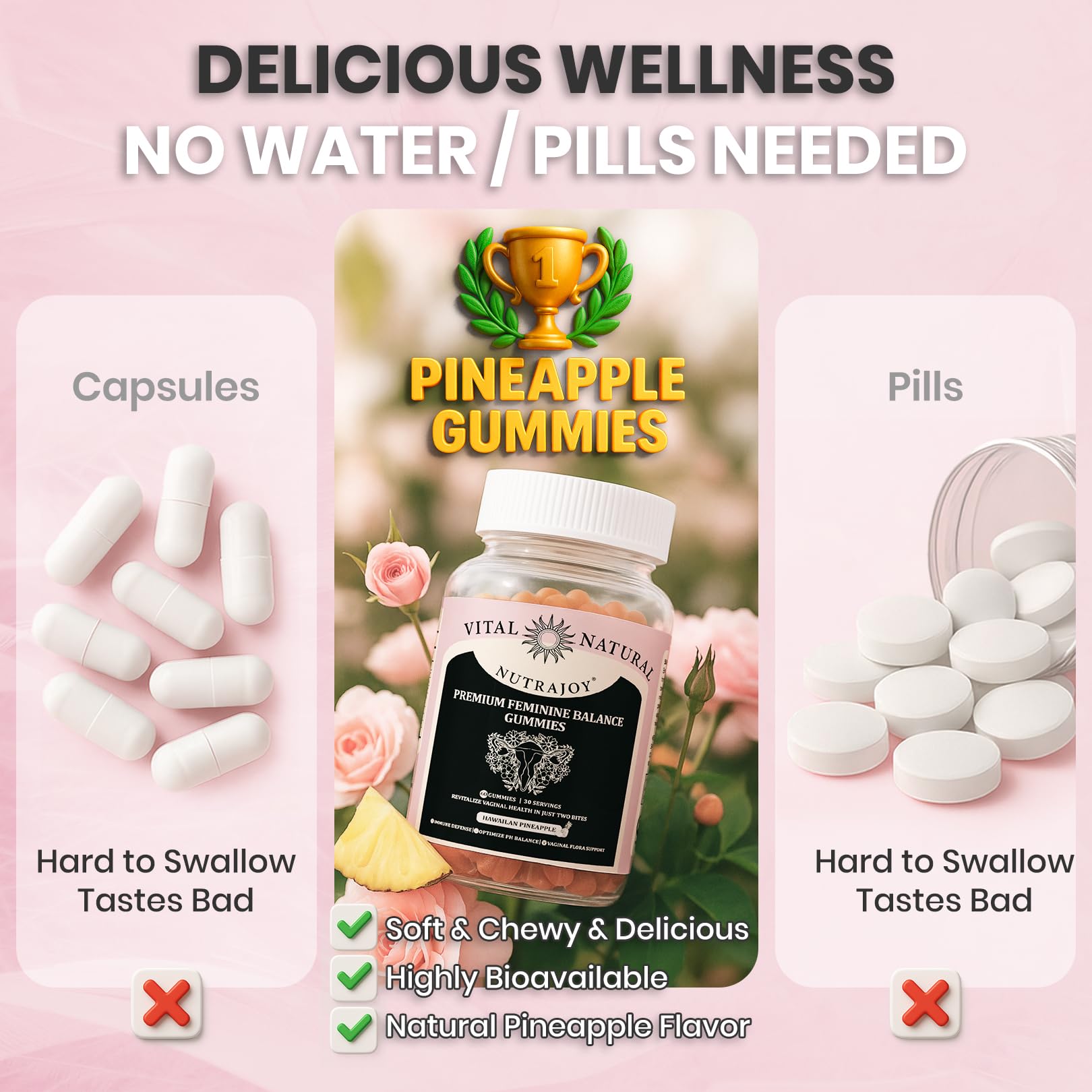 NUTRAJOY Premium Feminine Balance Gummies, for Women's Ph Health, Vaginal Wellness Support, Immune Support, Energy Support, Hawaiian Pineapple, Vegan Gluten-Free, 60 Gummies NUTRAJOY uk supplements