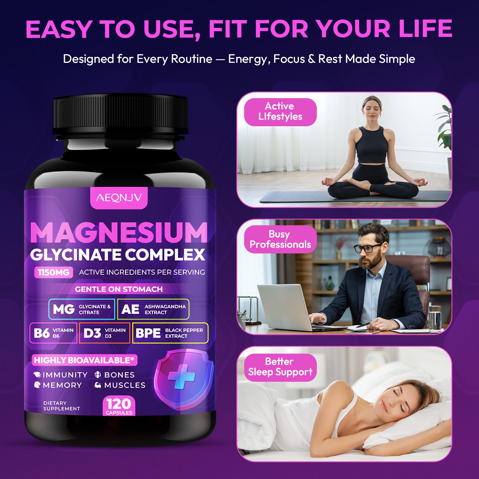 Magnesium Glycinate Complex 1150mg - Gentle on Stomach High Absorption Magnesium Capsules with Citrate, Silica, Ashwagandha & Vitamin B6 for Zzz, Stress Relief, Muscle Support for Adults, Women & Men AEQNJV uk supplements