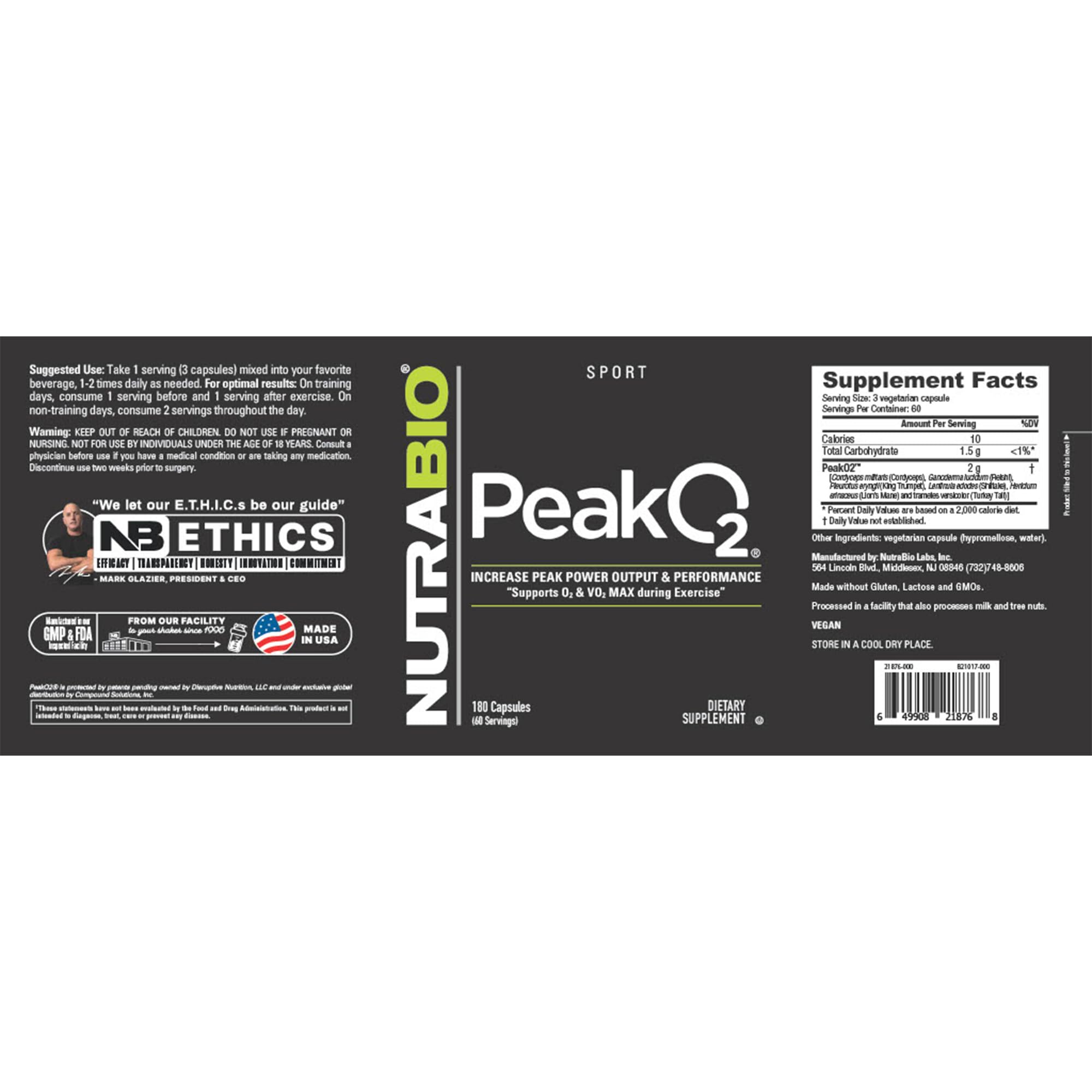 NutraBio PeakO2 Workout Supplement, 180 Capsules - Mushroom Blend Supplement to Help Enhance Athletic Performance and Overall Health, 60 Servings NutraBio uk supplements
