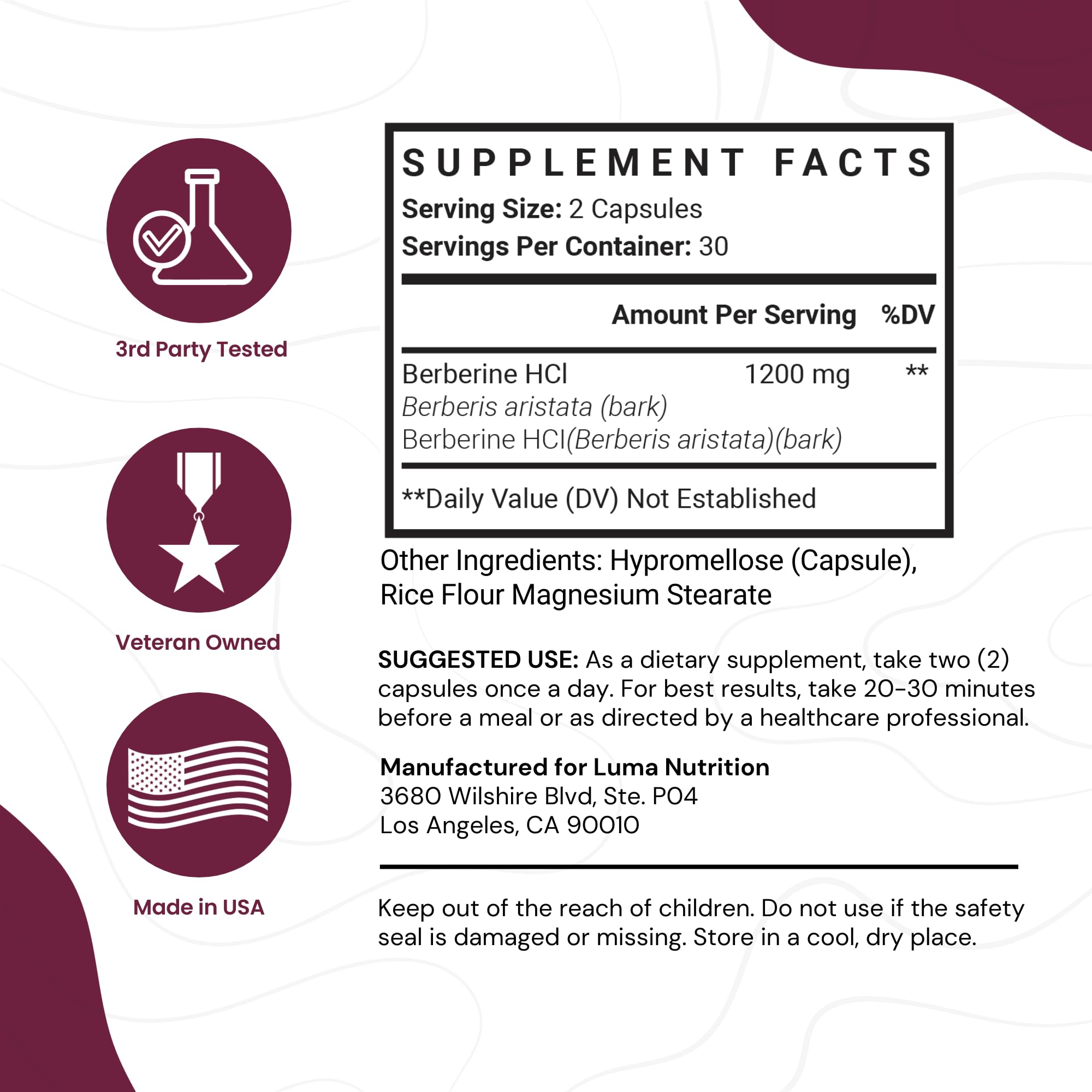 Luma Nutrition Berberine Supplement - Berberine 1200mg Per Serving - Berberine HCI Luma Nutrition uk supplements
